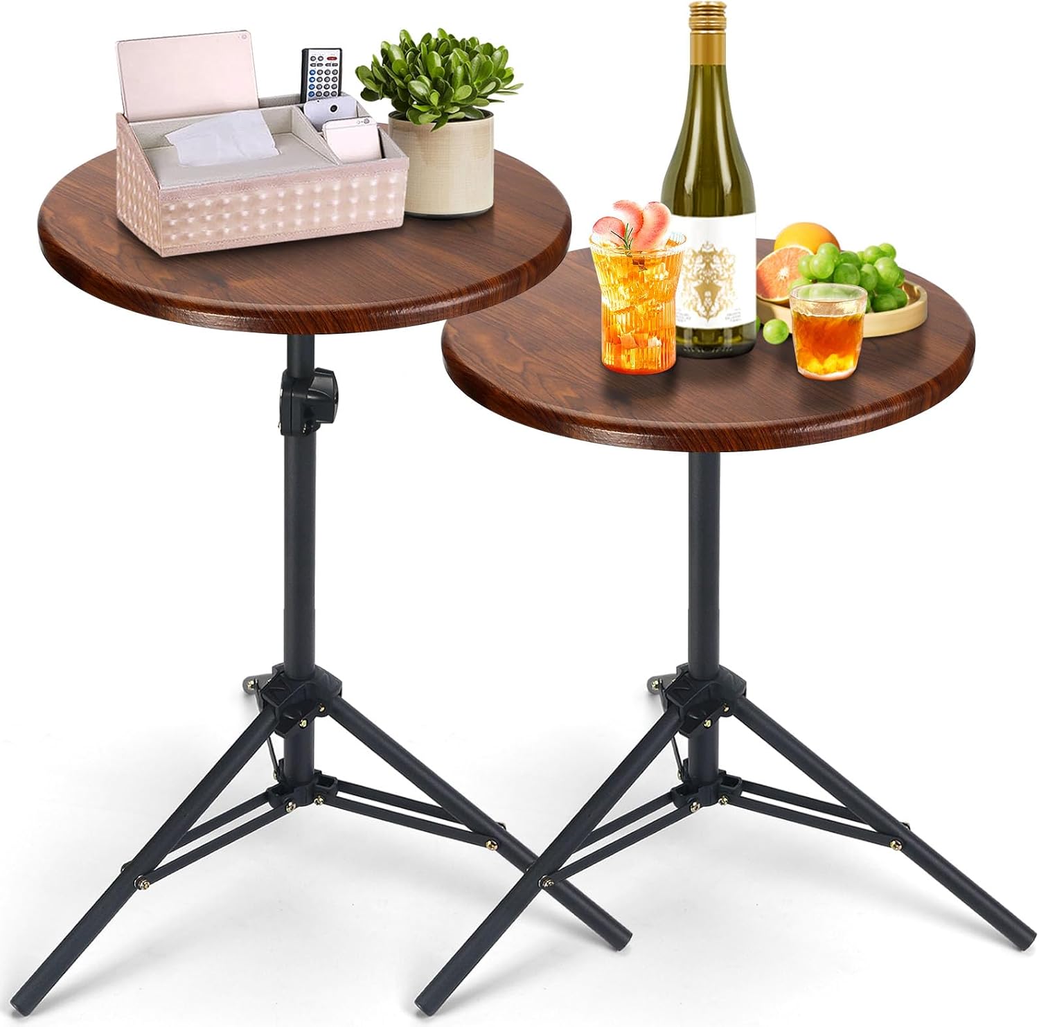 Adjustable Round Side Table - Folding Camping & Outdoor Table, Portable Lightweight End Table for Indoor/Outdoor Living Room, Bedroom, Camping - Compact Accent for Small Spaces (13.7")(2, Brown)