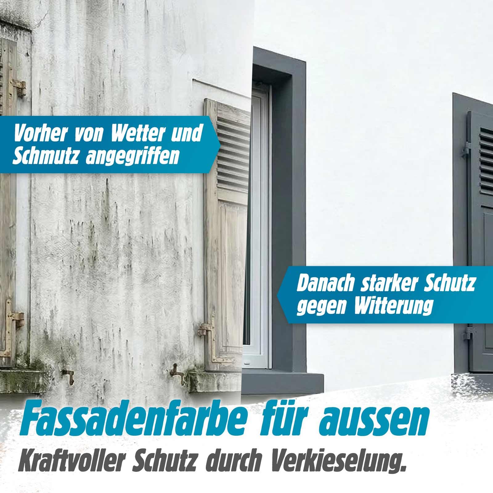 Fassadenfarbe Hybrid Sol-Silikat Premium | Silikat für außen | Direkt auf Altanstriche, Stein, Holz | Höchste Deckkraft | Weiß | 10 Liter 70-80 m2 | Riss/Abblätterungs-Schutz | UV-Witterungsstabil