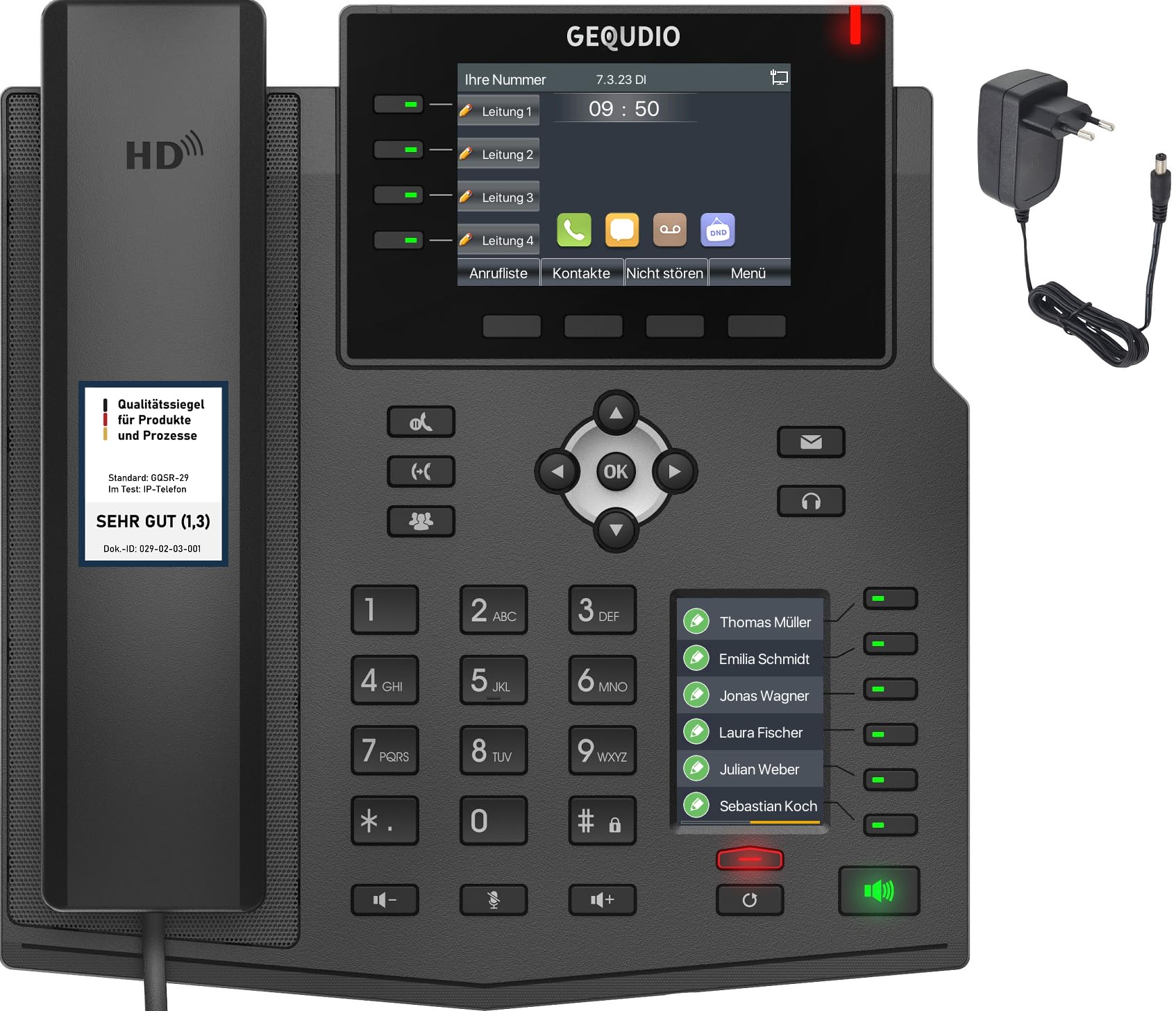 GEQUDIO GX5+ IP Telefon VoIP mit Netzteil für FritzBox, Telekom Speedport | Bluetooth Schnittstelle, 2x Farbdisplay, HD-Freisprechen, 30 Kurzwahltasten, Deutsche Anleitung (PDF)