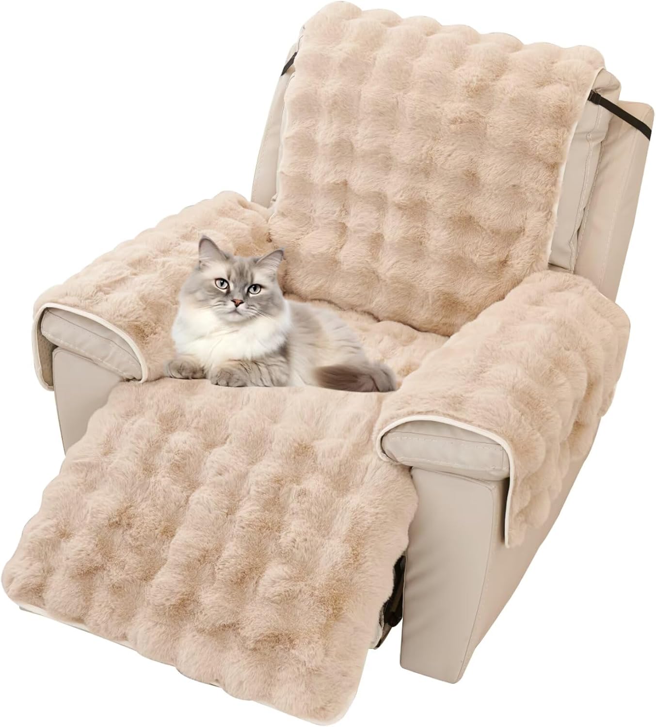 Fluffy Plush Recliner Chair Covers 1 Piece Faux Rabbit Fur Soft Warm Lazy Boy Recliner Slipcovers Stay in Place Anti-Slip for Kids Pets Khaki Washable Chair Covers with Elastic Straps