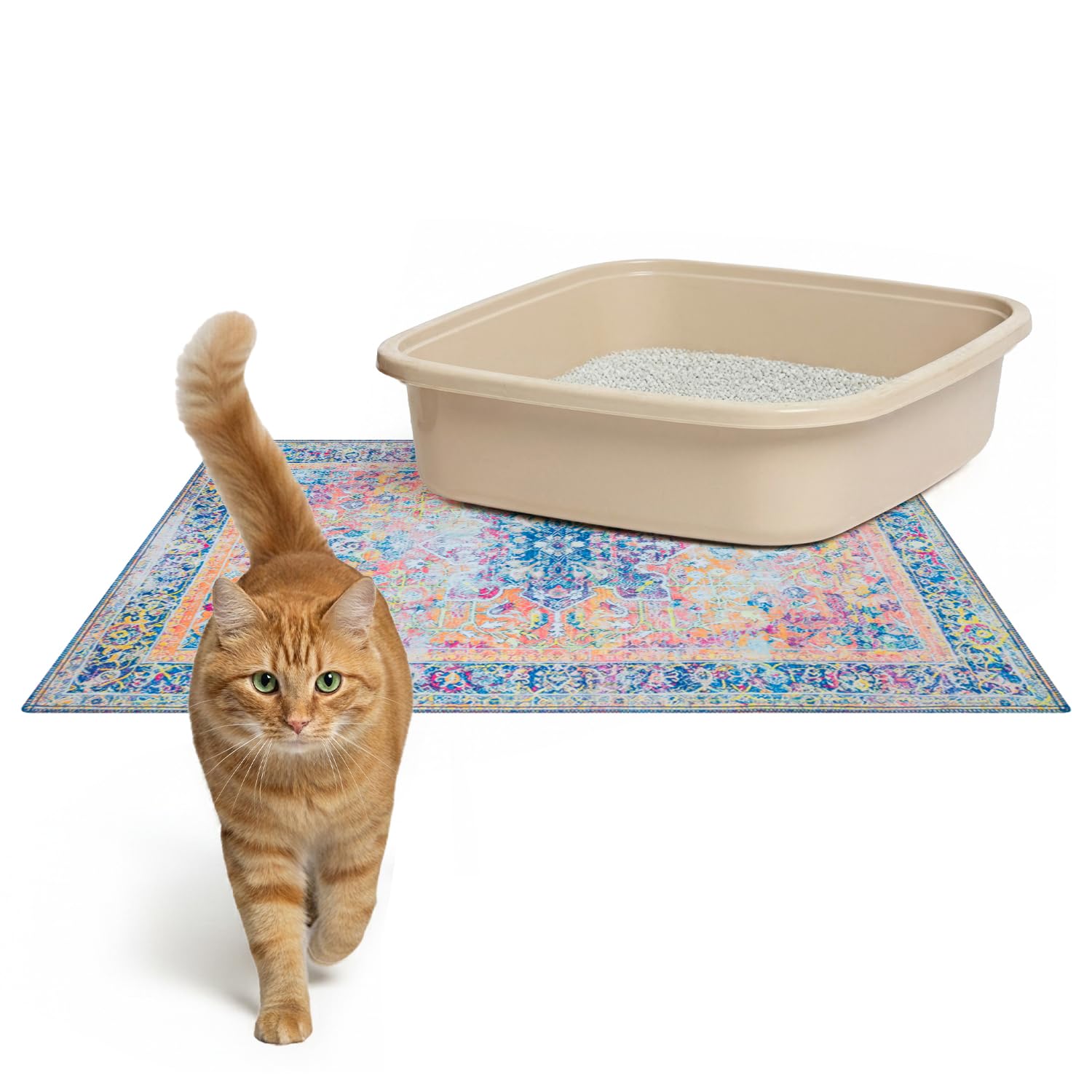 Lovewag Cat Litter Box Mats 2 Pack - Small 16x24 Machine Washable, Easy Clean, Non-Slip, Waterproof Mats for Indoor Cats - Kitty Litter Mess Control & Pet Urine Floor Protection - (Marmalade Sunshine)