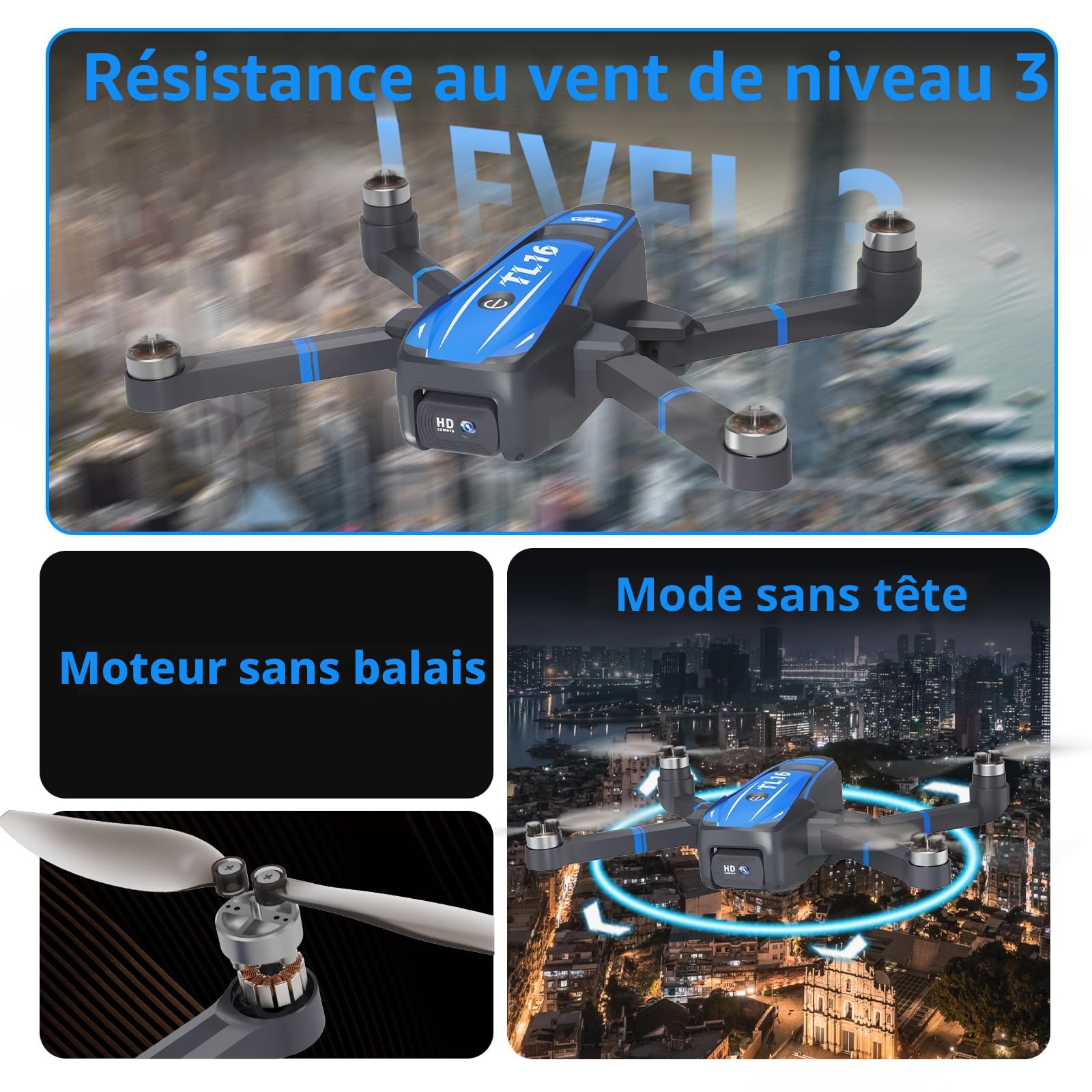 Toladrone Drones à Moteur sans Balais pour Débutants, TL16 Mini Drone avec Caméra 4K RC Quadcopter Pliable pour Adultes, Mode sans Tête Retournement à 360 Maintien de l'altitude, Bleu