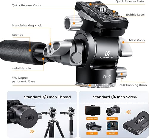 Miniatura 3 de K&F Concept Cabezal de líquido de vídeo con placa de liberación rápida y asa, cabezal de inclinación de metal compatible con Arca Swiss para cámaras