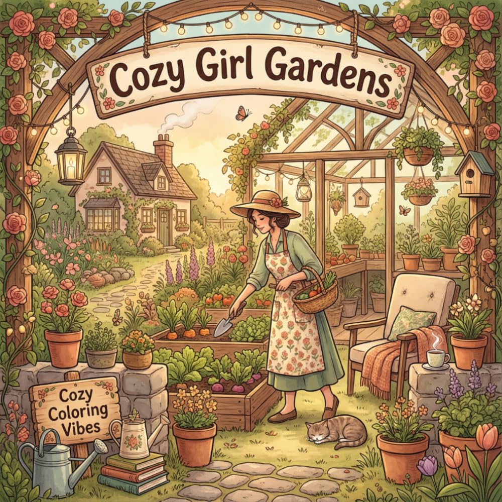 Cozy Girl Gardens: Coloring Book for Stress Relief & Mindfulness | Easy Bold Line Designs of Floral, Botanical, Greenhouse, Cottage Yard & Backyard ... At Home & Anytime (Cozy Girl Collection)
