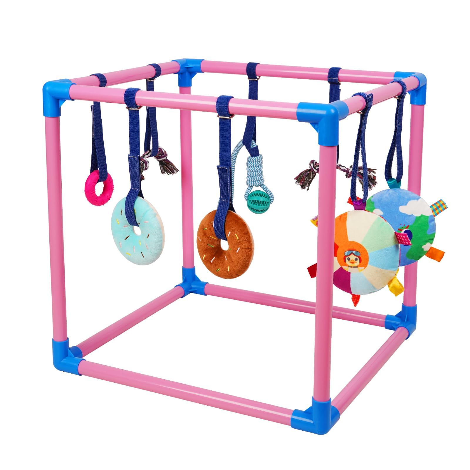 Liitrton Puppy Play Gym - Small Dogs Play Gym with 8 Hanging Toys, Indoor Puppy Jungle Gym with Interactive Dog Enrichment Toys, 19.5"x19.5"x19.5" PVC