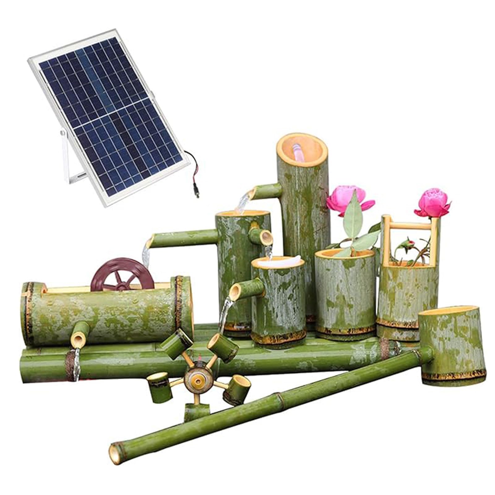 asdchZen Natural Bamboo Fountain Kit, Solar Powered Feng Shui Zen Water Feature With Rotating Wheel, Circulating Water Ornament, For Patio Pond Bird Bath Garden Balcony, 27.6In,27.6in(70cm)