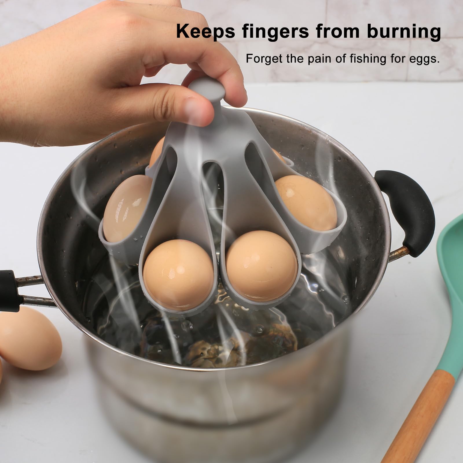 Caldera de huevos de silicona para huevos duros y suaves, cocina de silicona de grado alimenticio con 6 soportes, accesorio de cocina para cocinar/servir huevos con asa, apto para lavavajillas 4