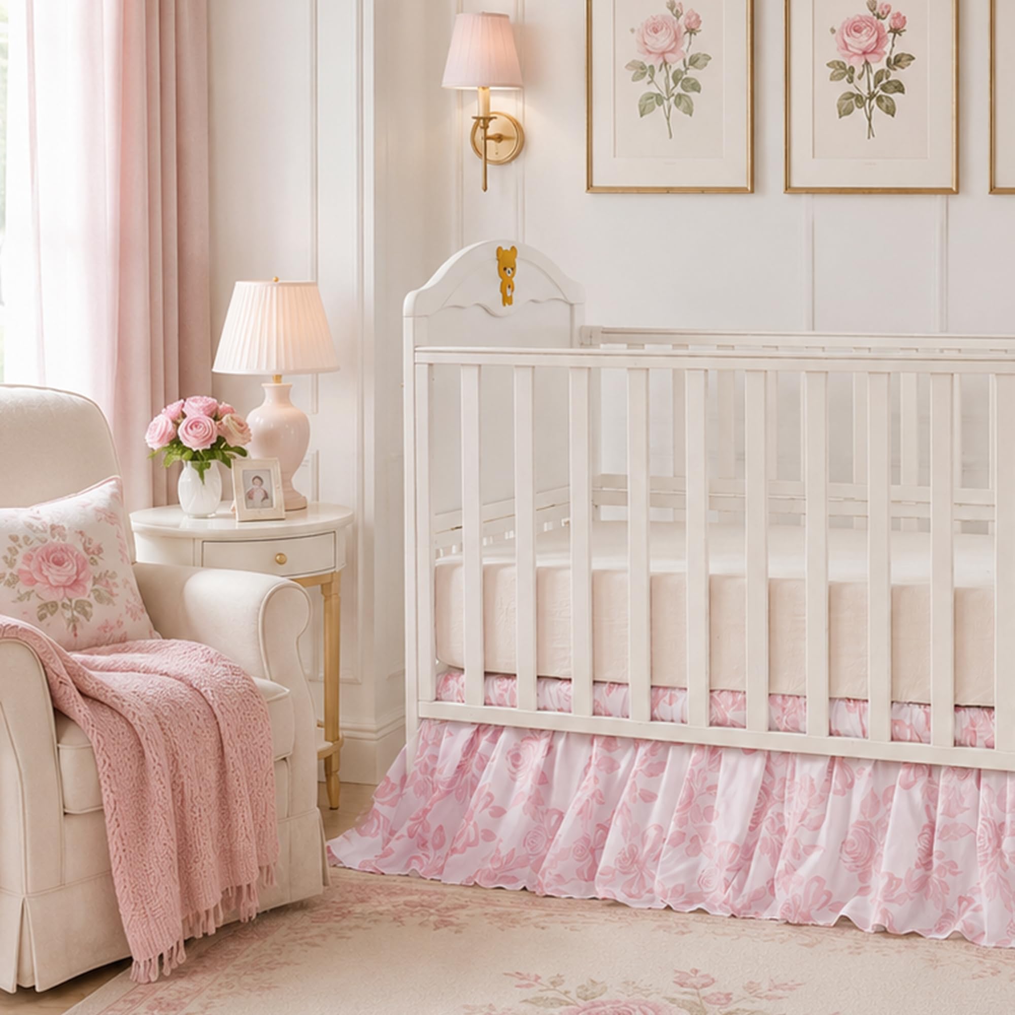 Brandream Organic Cotton Crib Skirt Dust Ruffle, Baby Girl Crib Bed Skirt, 4-Sided, Luxury French Vintage Pink Rose Floral &amp; Bow Cottagecore Toddler Bedskirt Farmhouse Chic Nursery Bedding Skirt