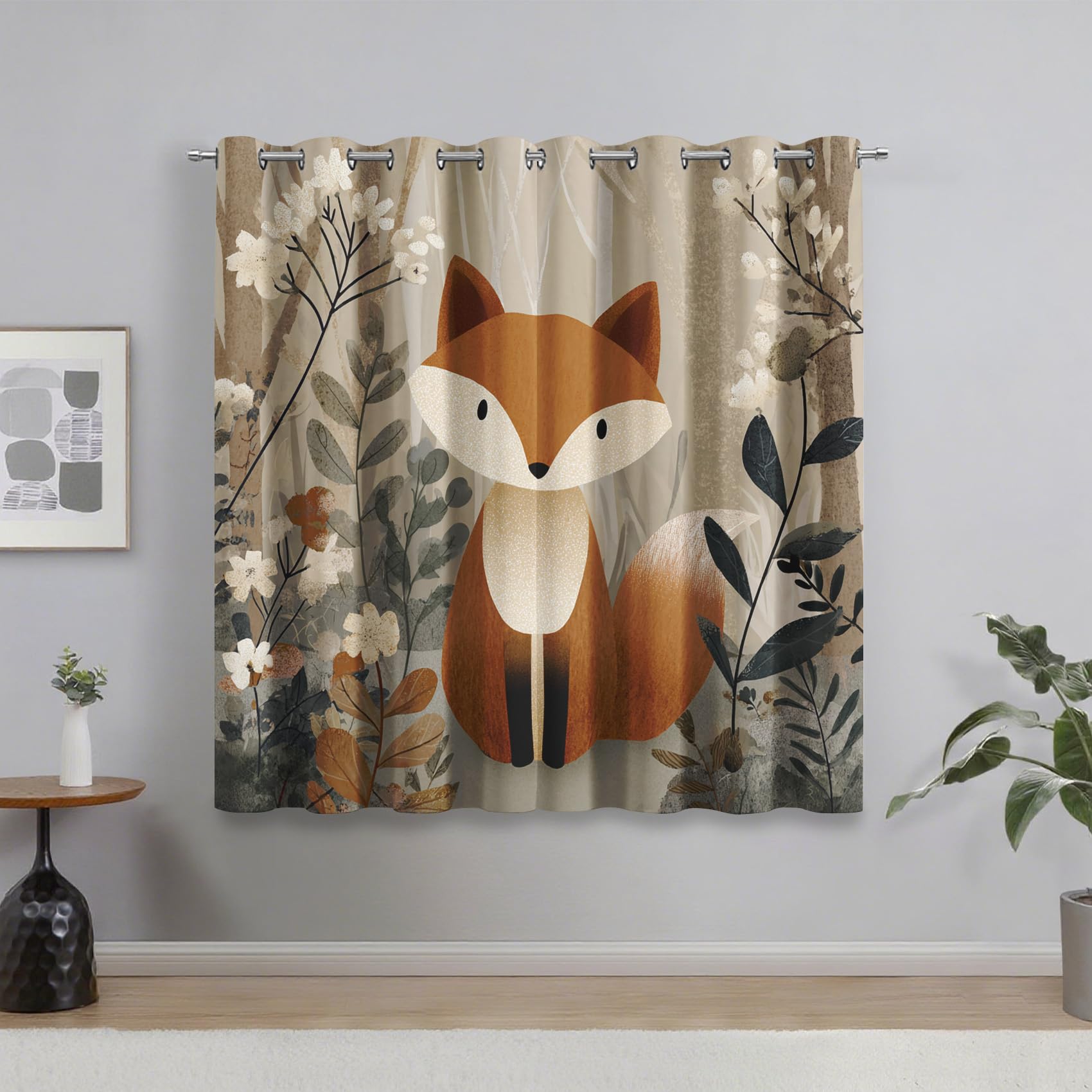 Generisch Blickdichte Vorhänge Cartoon-Fuchs, Wohnzimmer Schlafzimmer Deko, Pflanzen Blumen Fuchs Kinder Gardinen mit Ösen, Thermo Verdunklungsvorhänge 2er Set H137 x B117 cm pw&93