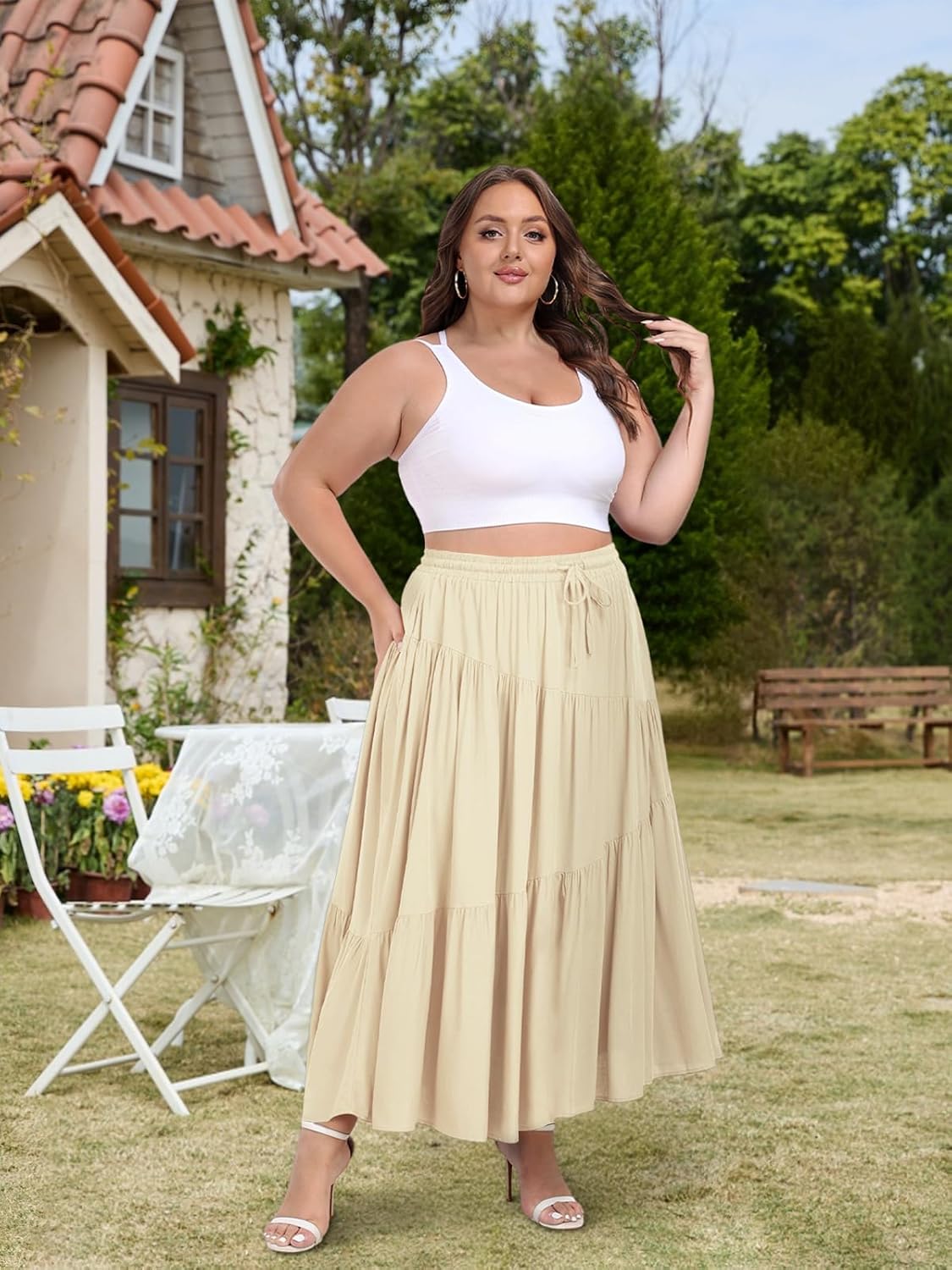 Moon Wood Plus Size Boho Maxi Skirts for Women Long Flowy High Waisted Tiered A-Line Skirt with Pockets Beach Summer Causal - Image 2