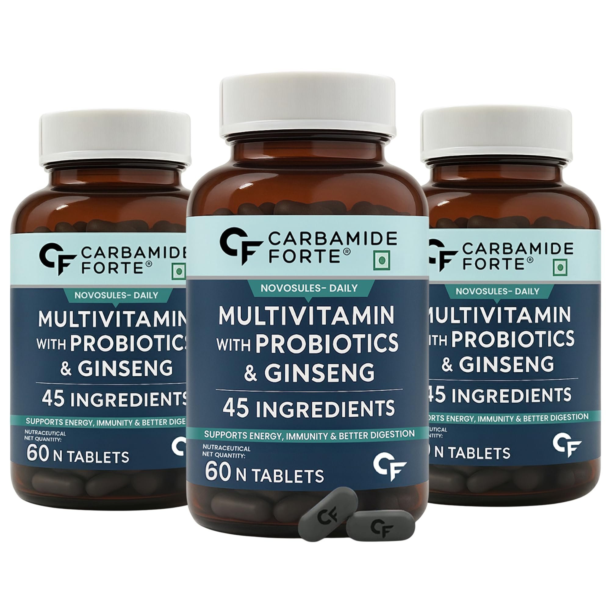 Carbamide Forte Multivitamin for Men with 45 Ingredients|Multivitamin Tablet with Ginseng, Grape Seed Extract, Vitamin C, and Vitamin K2 MK7-Veg Tablets (Pack of 3 count, 60 capsules)