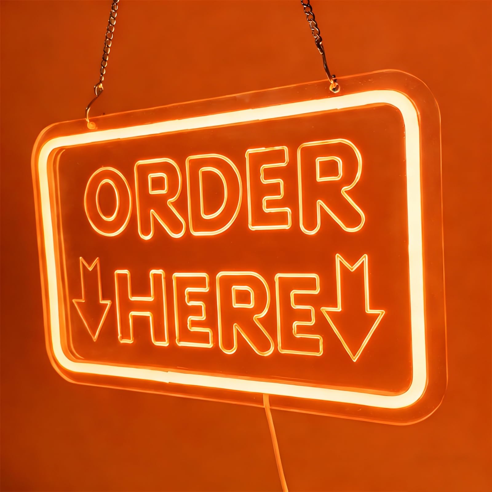 Order Here Letrero de neón, Luces LED de neón USB Regulables para Bares y Tiendas, letreros Decorativos para mostradores de Cajas de restaurantes,Naranja,50x33cm