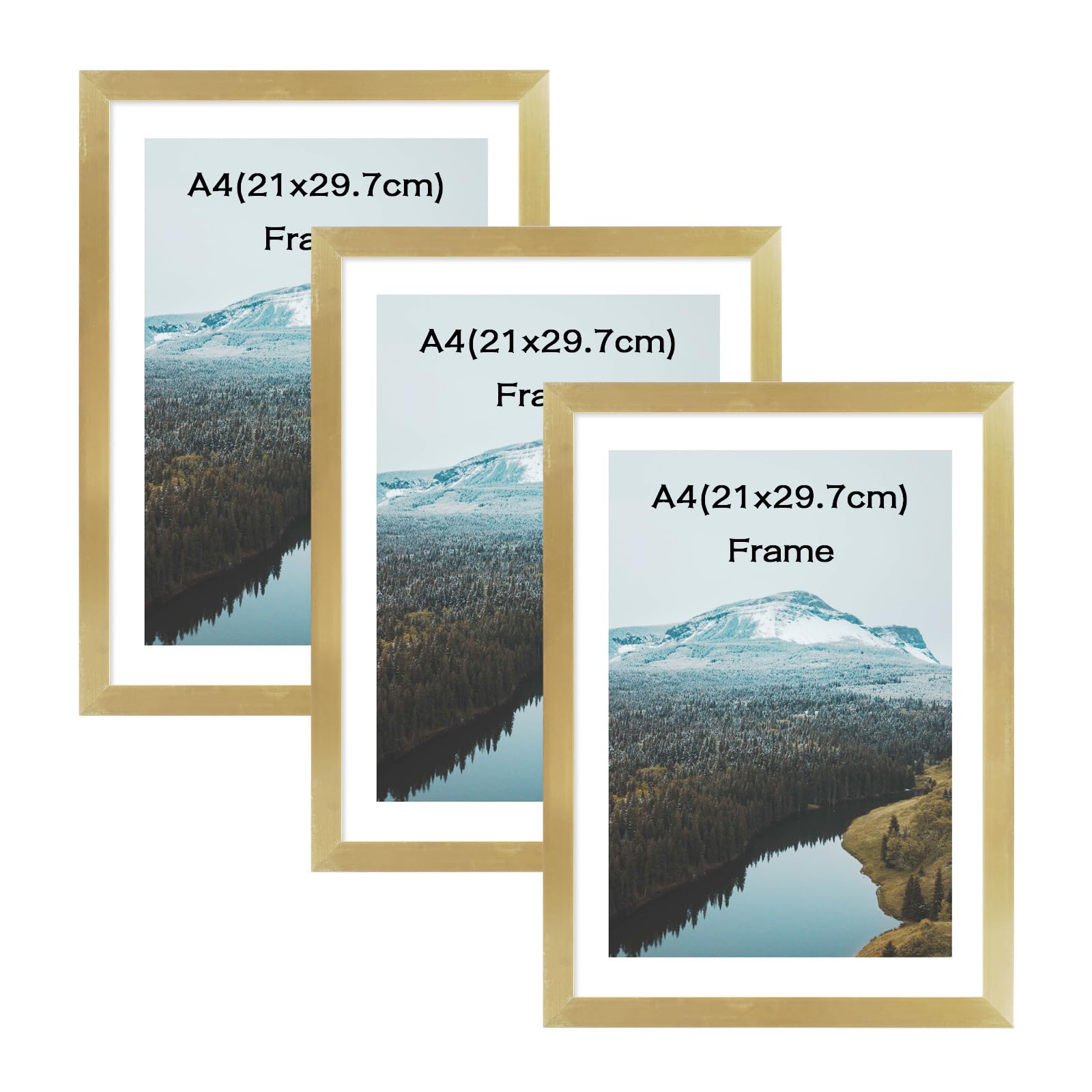 MMOWW Picture Frame A4 / 21x29.7cm with Acrylic Glass, Set of 3, Display Modern Decorative Frame, For Poster Frame, Photos, Puzzles, Freestanding and Wall Mountable (Gold)
