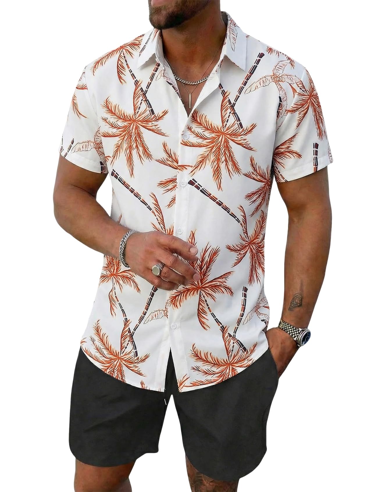 Yimoon Men's Summer 2 Piece Outfits Tropical Print Short Sleeve Button Down Hawaiian Beach Shirt and Shorts Set