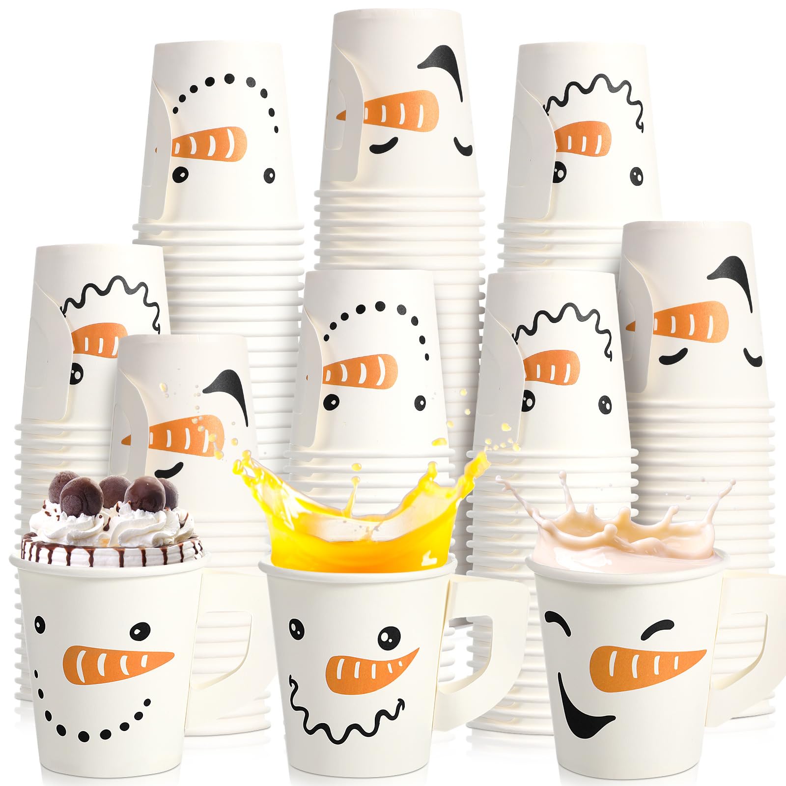 Maxcheck 120 tazze natalizie con manici, 200 ml, usa e getta, di carta natalizia, con pupazzo di neve, per bevande e tè, per l'inverno, caffè, cioccolata, feste (pupazzo di neve)