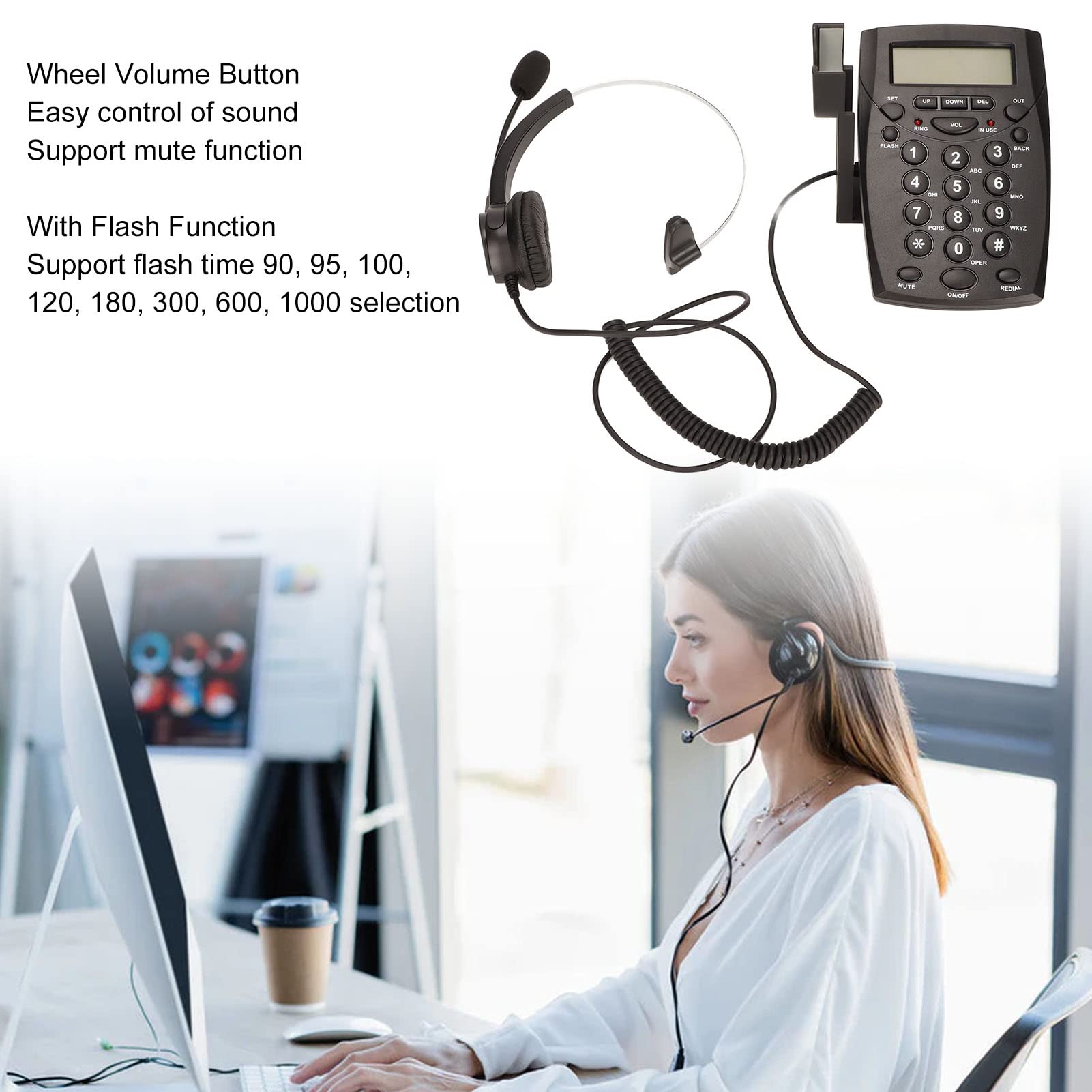 Telefono per Call Center, Telefono con Filo con Cancellazione del Rumore Microfono Auricolare, Tastierino FSK DTMF ID Chiamante, Volume Regolabile, Telefonico Auricolare