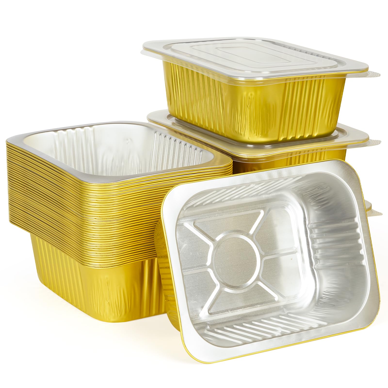 Paquete de 40 sartenes de aluminio dorado de 3 libras con tapas, 8.7 x 6.6 x 2.5 pulgadas, recipientes de aluminio resistentes para hornear, calentar, cocinar, asar, preparar comidas,