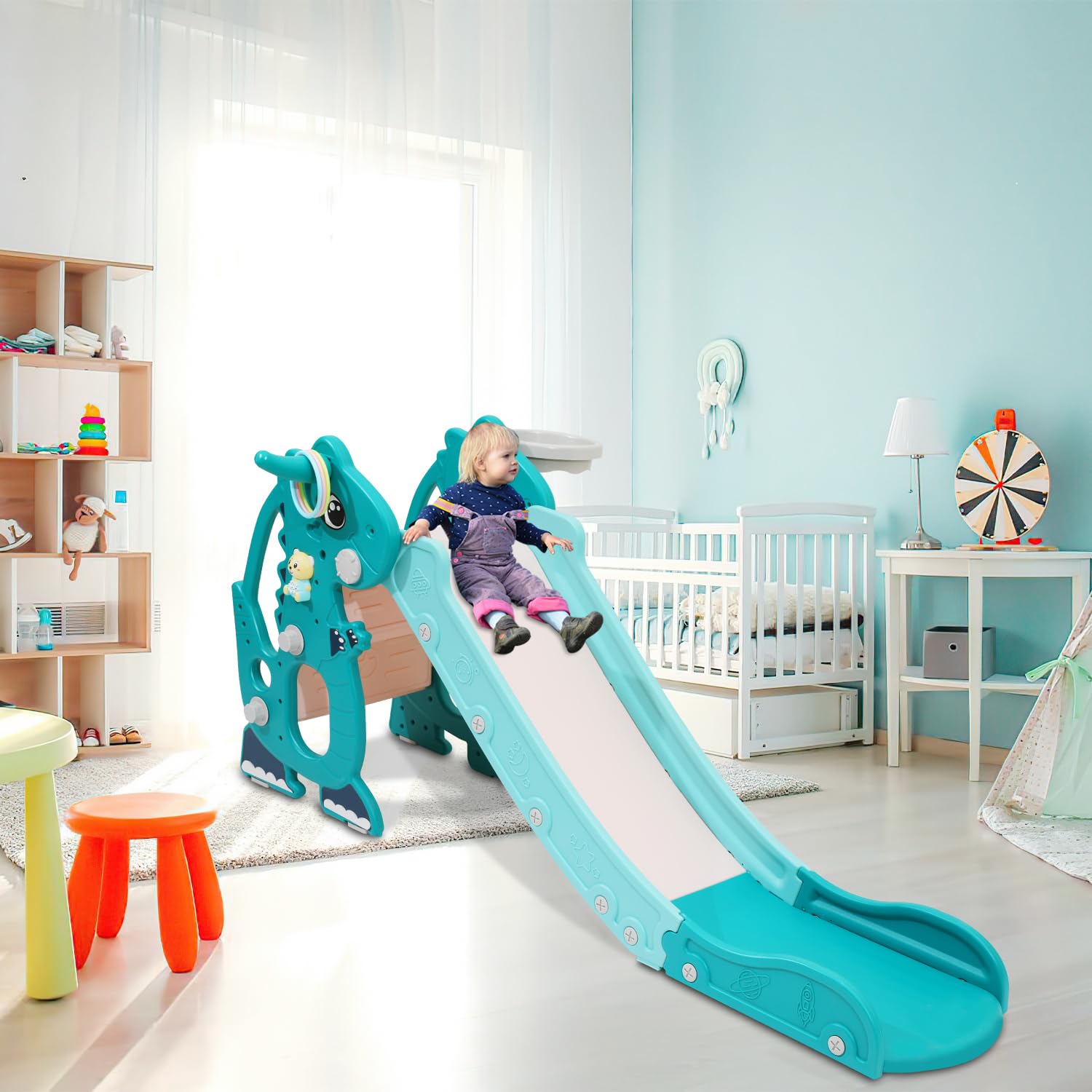 ISOISL Tobogán infantil plegable 4 en 1, diapositiva divertida para niños con canasta de baloncesto, tobogán a partir de 1 año, tobogán infantil para interiores y exteriores, color verde