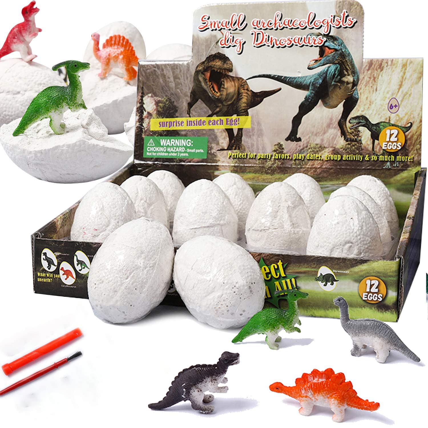 12PCS Egg Kids - Perfect Basket Stuffers & Preschool Educational Toys for Boys Girls a Dozen Dino Eggs Kit,Discover Dinosaur Archaeology Science Crafts Gifts Boys&Girls,Stuffers,Preschool (White)