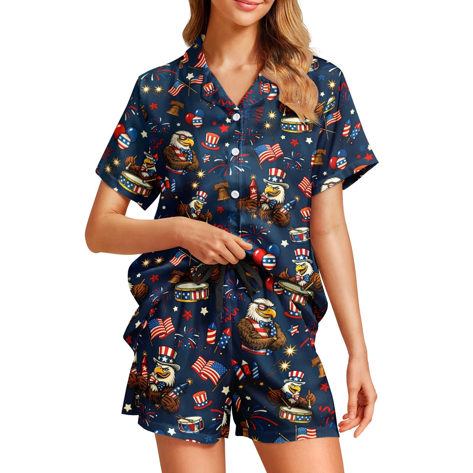 Funny Pajamas for Women Set Print Satin Loungewear Pjs Short Sleeve Button Down Top and Shorts Sets Sleepwear XS-3XL