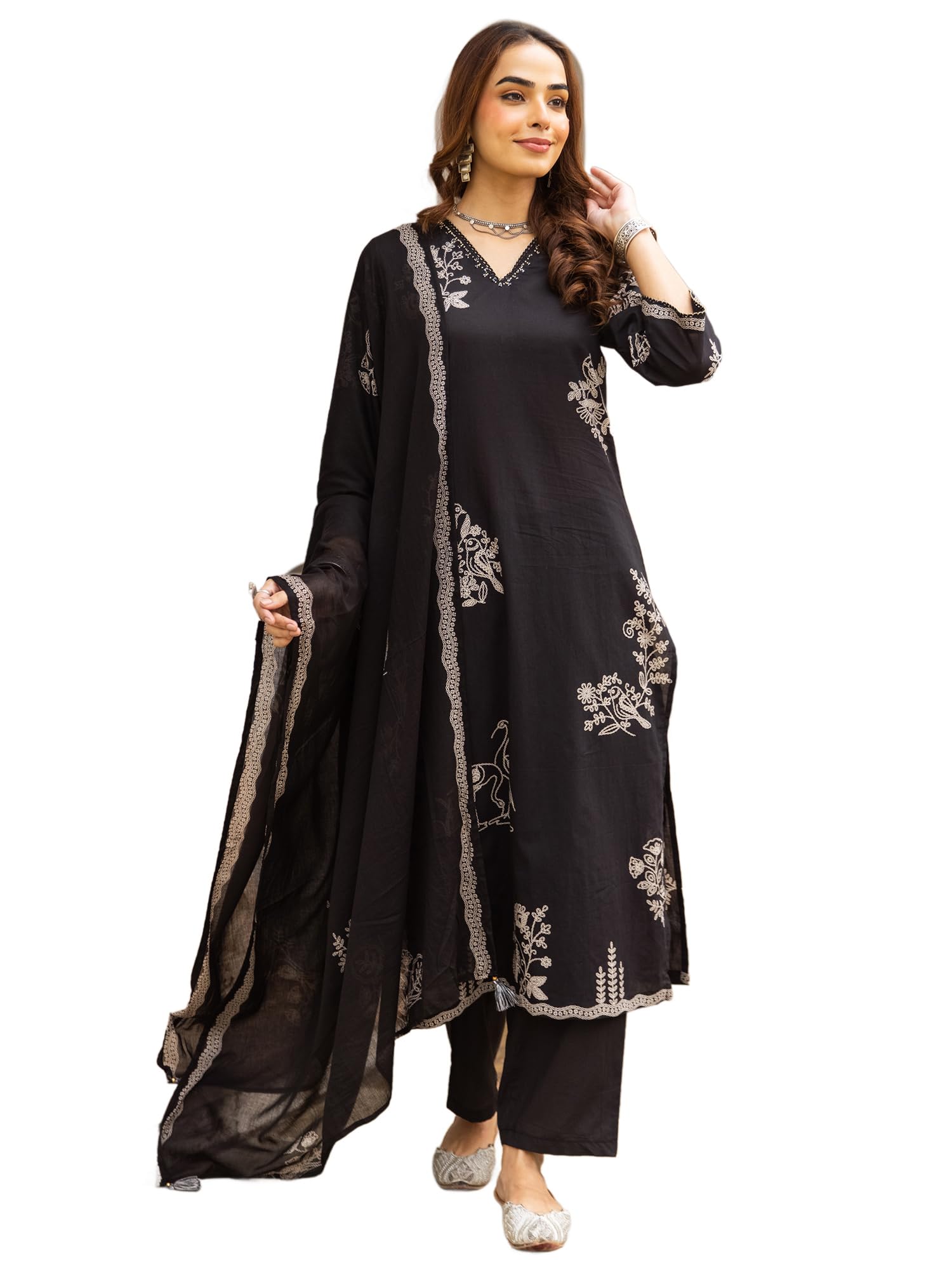 indo era Women's Pure Cotton Black Floral Embroidered Thread Work Straight Kurta & Pant with Dupatta Set-picture-32