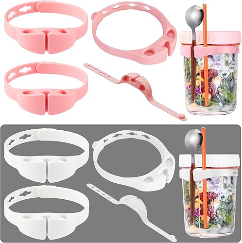 Soporte de silicona para pajilla, 6 piezas ajustable para colgar cucharas para tarros de avena durante la noche, tarro de masón, tarros de vidrio