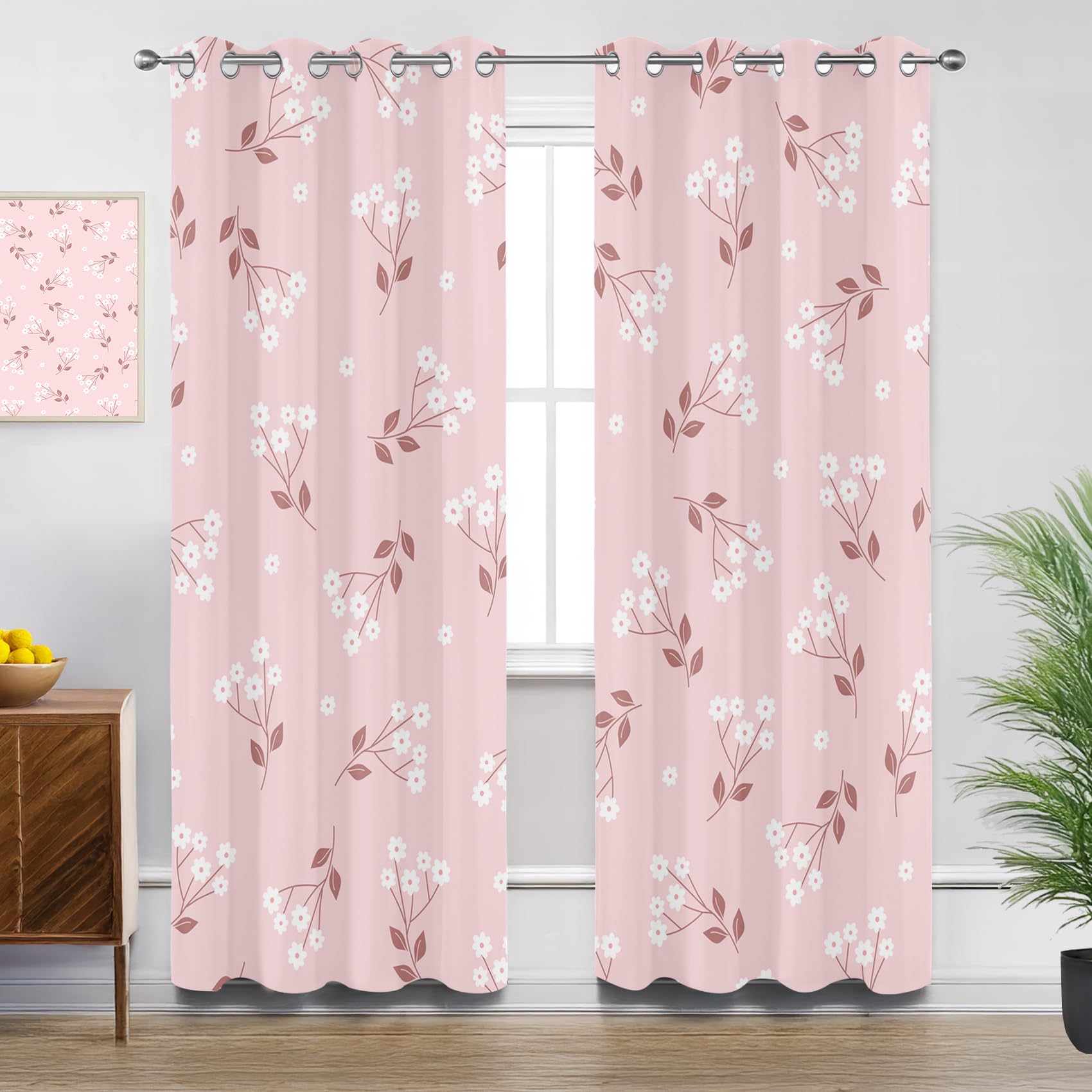 Wildflower Blackout Curtains - Pink Floral Cute Blossoms Girls Curtains Eyelet, Thermal Insulated Curtain for Living Room Bedroom, W66 X D90, 2 Panels Drapes House Decor
