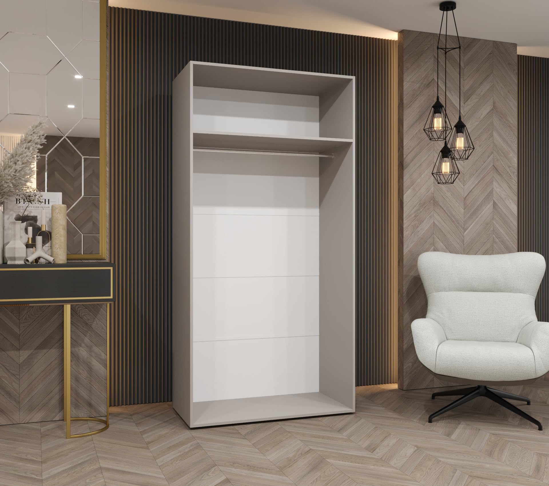 MEBLE KRYSPOL - Kleiderschrank mit Spiegel - Drehtürenschrank - Schrank 100x202x52cm - Garderobenschrank Schlafzimmer, Flur, Jugendzimmer - Farbe Weiß, Griff Kaschmir - Marbella 3 100