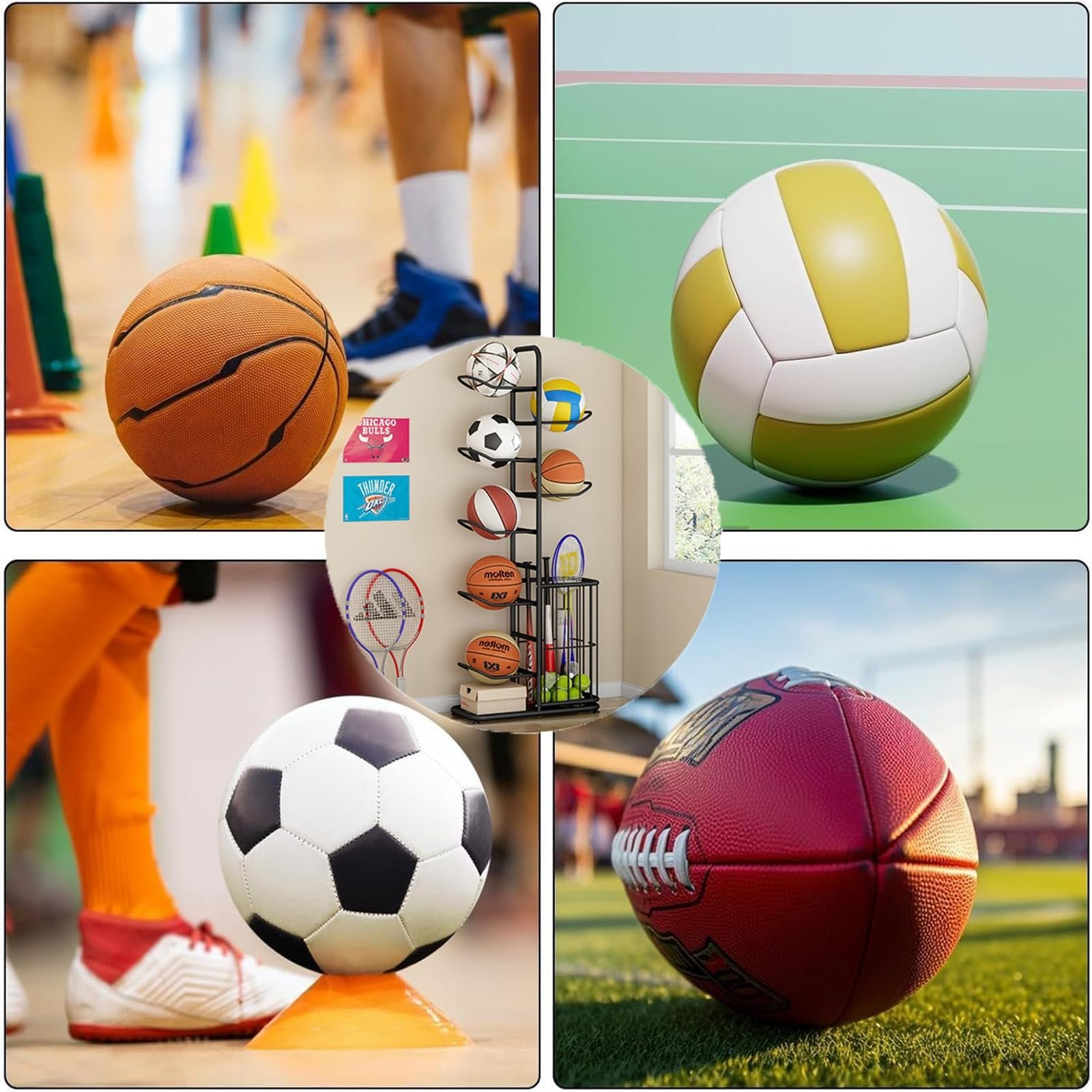 Vertikaler Basketballständer Aus Metall, Ballhalter Mit Abnehmbaren Aufhängestangen Und Seitenkorb, Freistehendes Aufbewahrungsregal For Sportausrüstung For Volleyball, Rugby, 7-lagiger Organizer-Turm