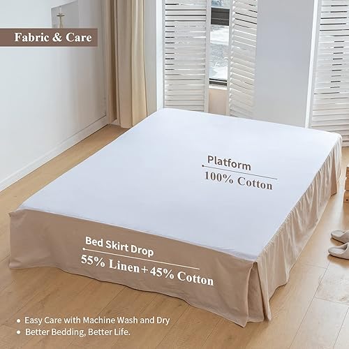 Miniatura 3 de BISELINA Falda de cama de lino francés con esquinas plisadas de 14 pulgadas, mezcla de algodón de lino natural, con volantes básicos de polvo,