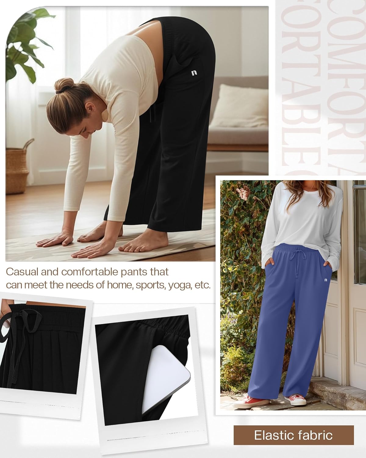 Neer 3 Pack Women's Plus Size Pants, Wide Leg Casual Cotton High Waist Sweatpants Lounge Drawstring Trousers with Pockets(Black, Apricot, Denim Blue,XX-Large) - Image 3