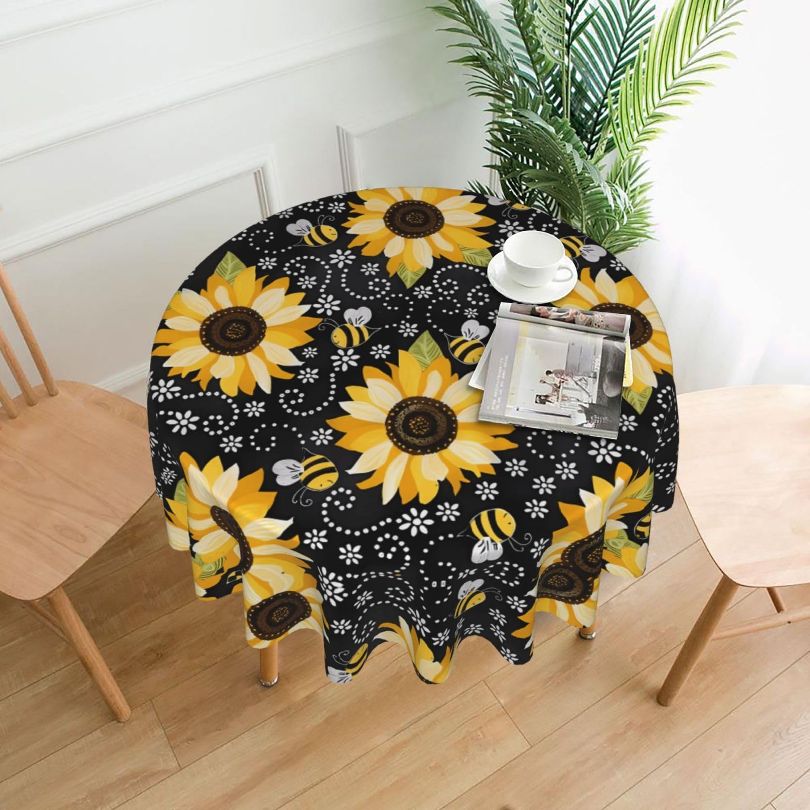 YYHHAOFA Sunflower bee Prints Round Decorative Tablecloth 60in - High-Grade Polyester Throw for Dining Tables, Parties, & Outdoor Events