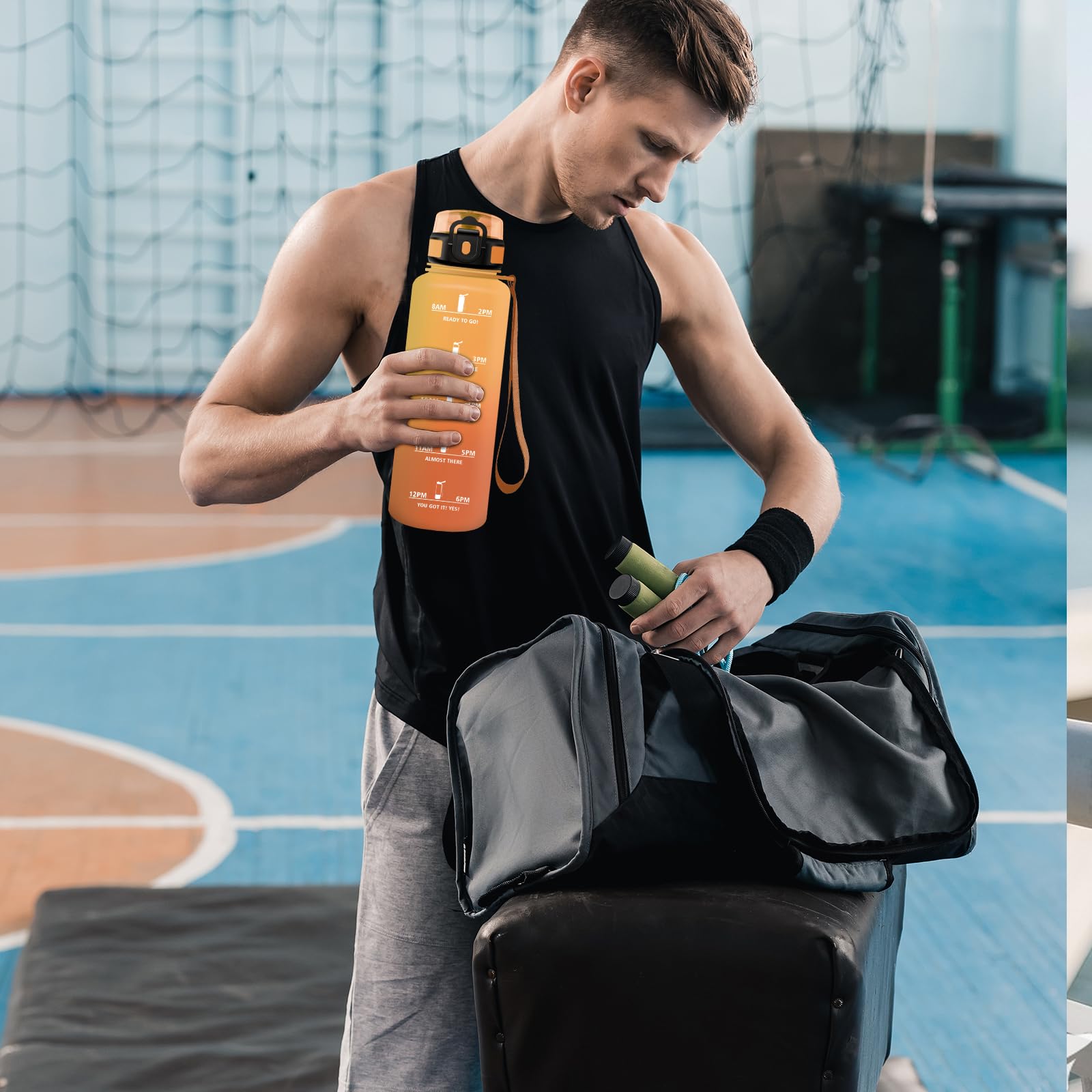 Borraccia Motivazionale 1.5 litri, Borraccia Sportiva, Senza Perdite, Bottiglia Acqua Palestra con Indicazione del Tempo, 1 Clic Aperto, Borracce senza BPA, per Adulto, Corsa, Yoga, Ufficio, Gym