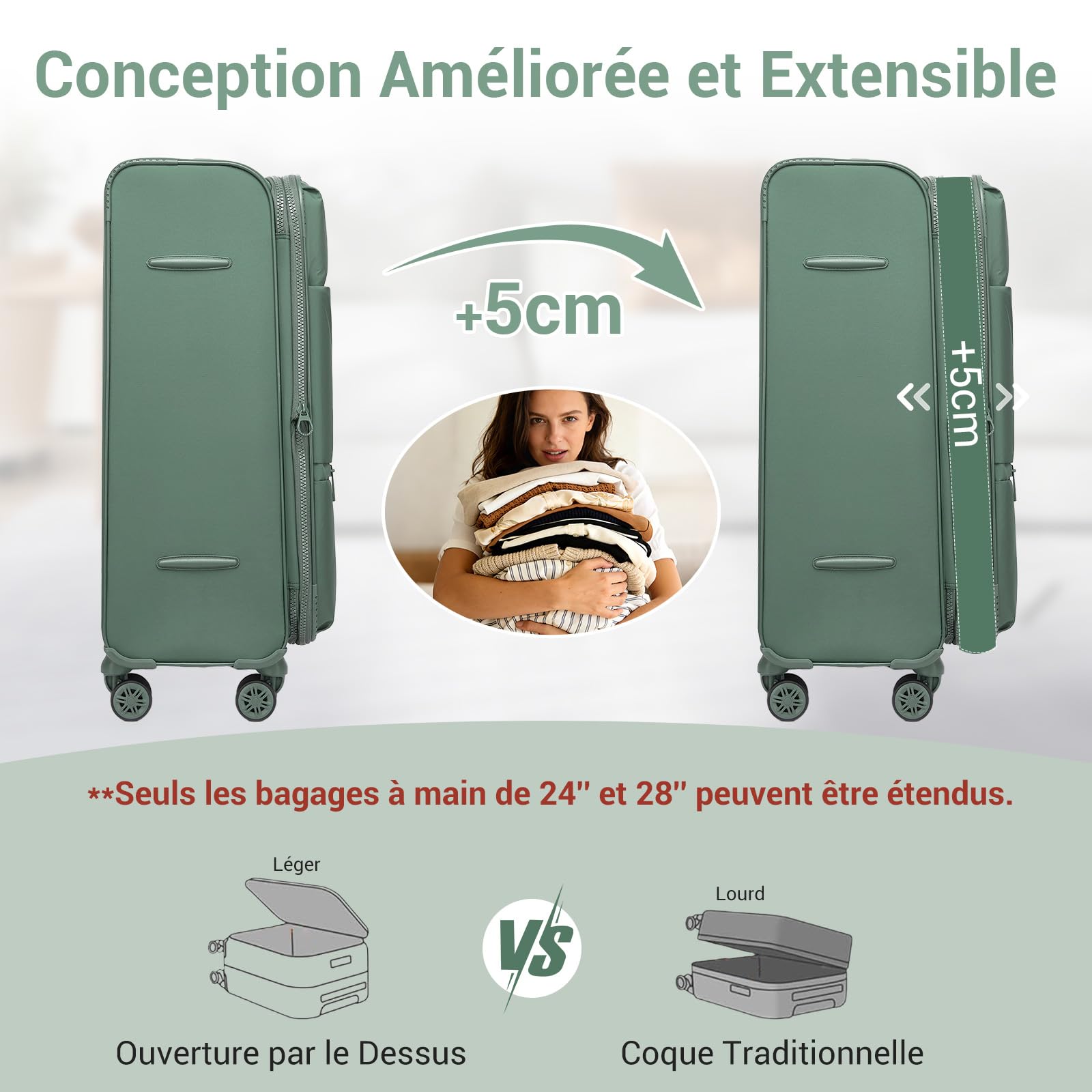 Miss Lulu Valise Moyenne 74.5 cm 76.5L Valise Souple Soute Extensible 5 cm, Valise Voyage Moyen Taille avec Poche Avant, Cadenas TSA, Roulette Valise 360° Silencieuse, Vert