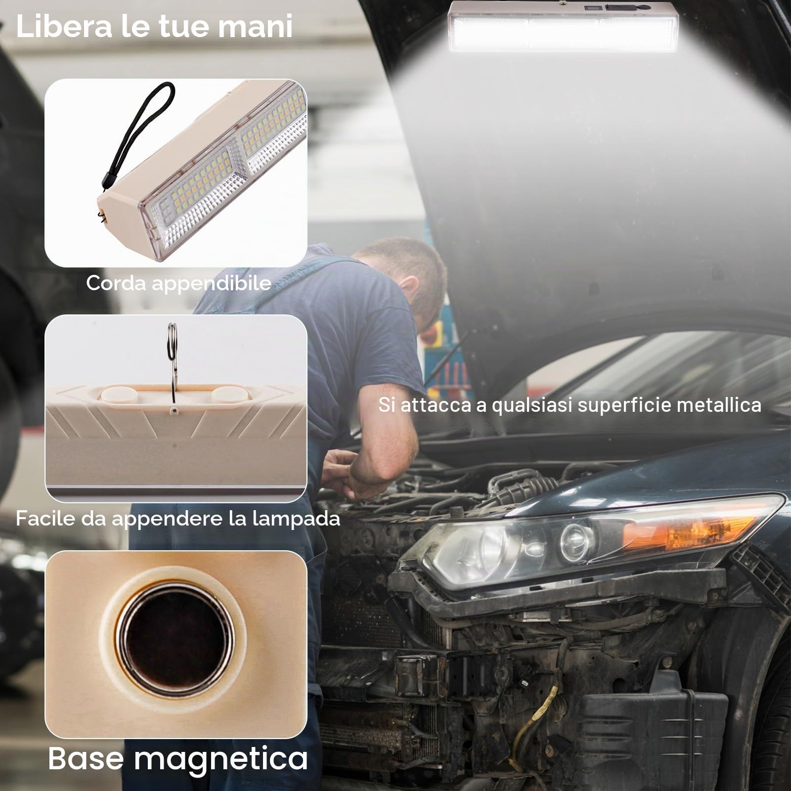 CREATESTAR Lampada da Lavoro 42CM, Torcia LED Ricaricabile Type-C Lampade di Ispezione con Base Magnetica e Gancio 5 Modalità Luce, Lampada da Officina per Riparazione Auto Campeggio Emergenza