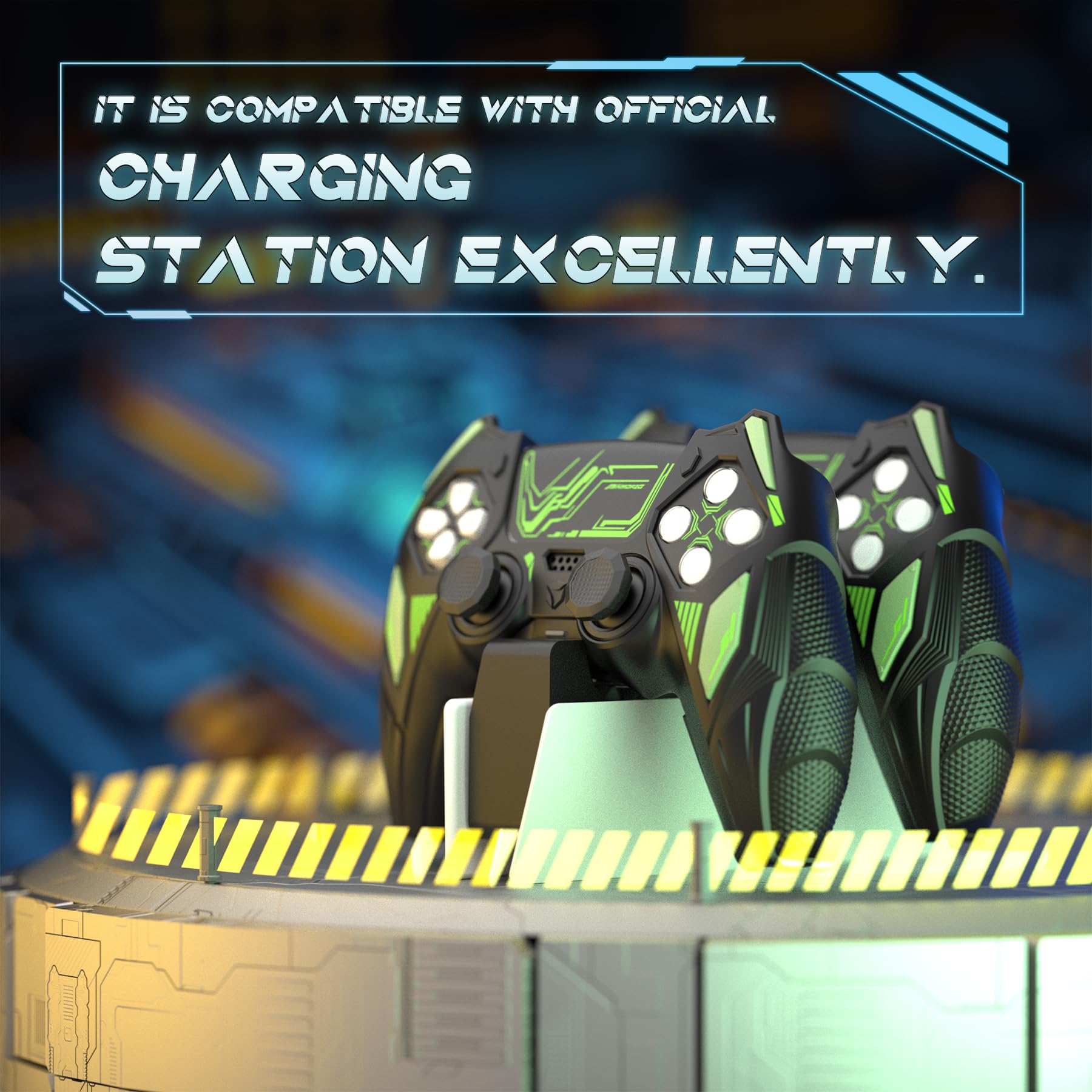 PlayVital Mecha Rhino Silikonhülle für PS5 Controller, Anti-Rutsch-Schutzhülle Case mit Thumb Grips und Aufklebern, Griffe Skin Zubehör für PS5 Wireless Controller Passend zur Ladestation-Schwarz&Grün