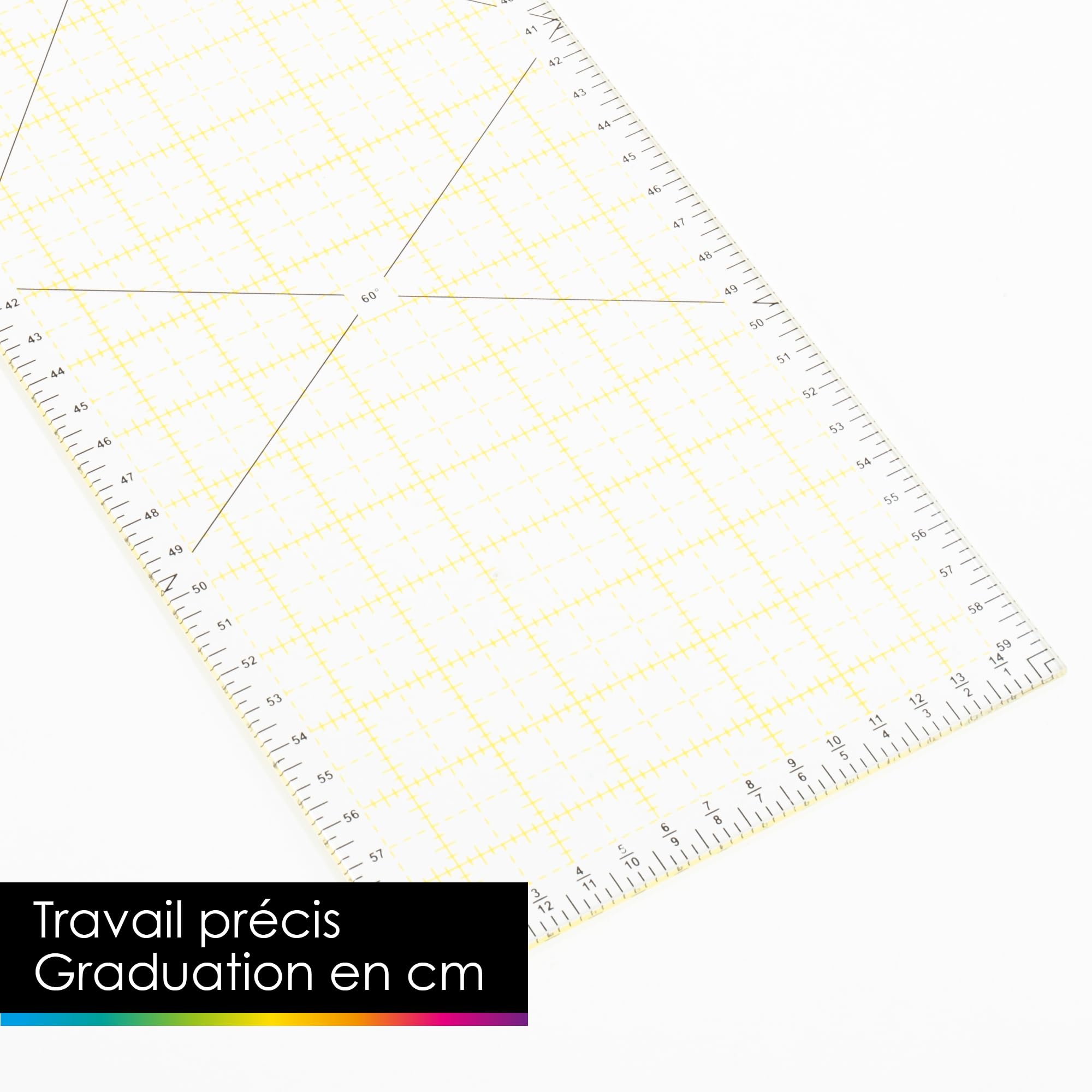 OfficeTree Regle Patchwork Couture 60 cm x 15 cm - Règle Couture 60 cm avec des mesures d'angle - Règle Patchwork - Regle Japonaise Couture - Universelle pour des découpes précises