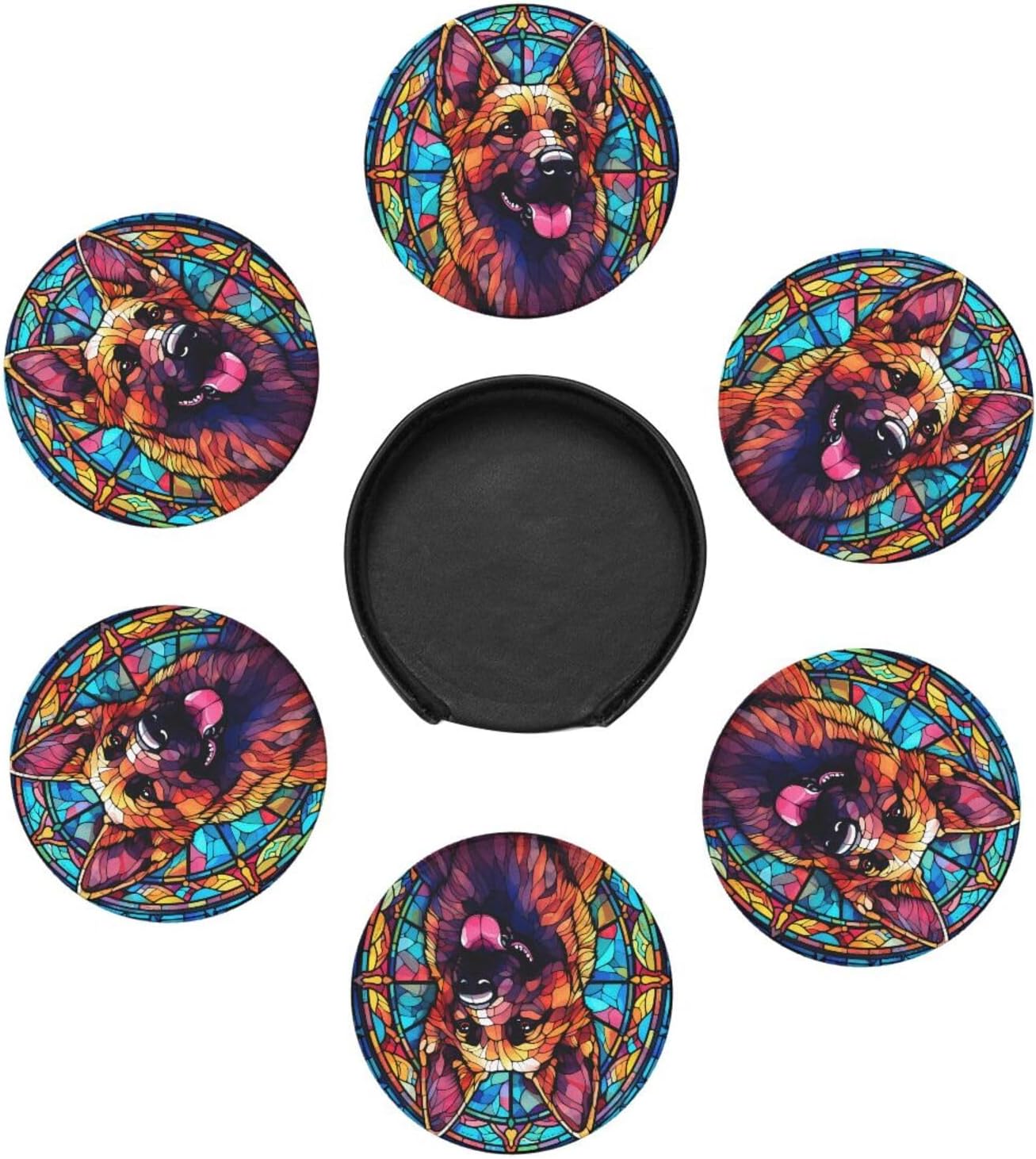 German Shepherd Stained Dog Breed Glass Art Leather Drinks Coasters with Holder Set of 6 for Kinds of Cups image 2