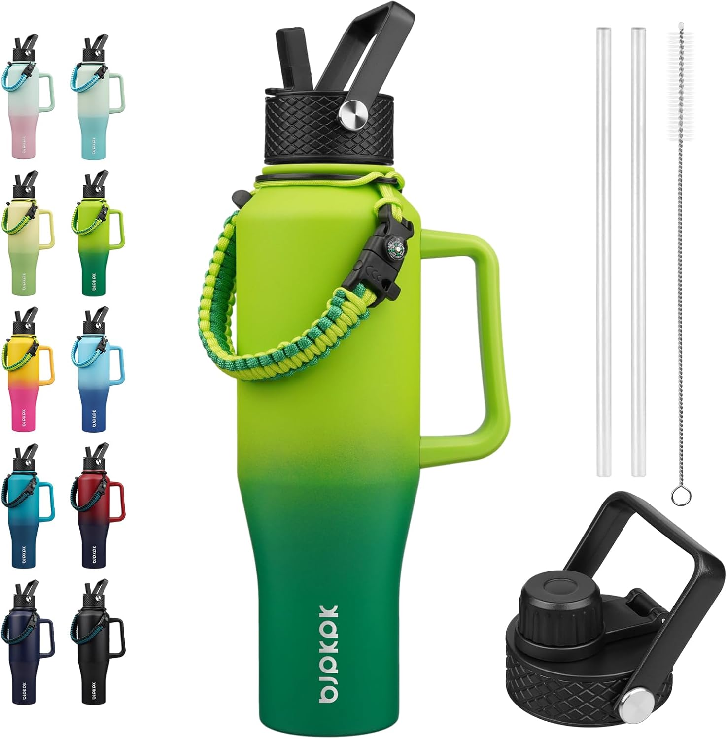 BJPKPK Insulated Water Bottles with Straw Lid, 40oz Metal Water Bottle with 2 lids & Paracord Strap, Double Wall Stainless Steel Tumbler with Handle, Reusable Cups, Mugs, Thermo, Bamboo Grove