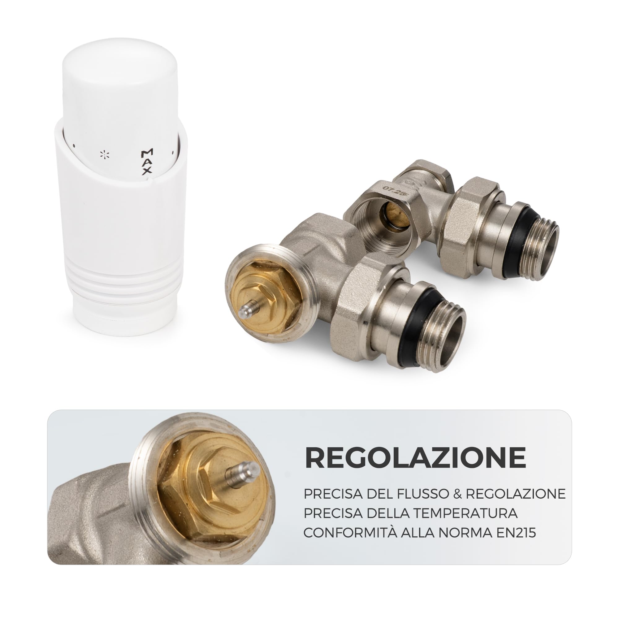 VANCOCO Valvola termostatica G1/2 + valvola di ritorno con anello di tenuta migliorato, forma angolare per radiatore, bianco + nichelato, con sensore liquido e posizione antigelo