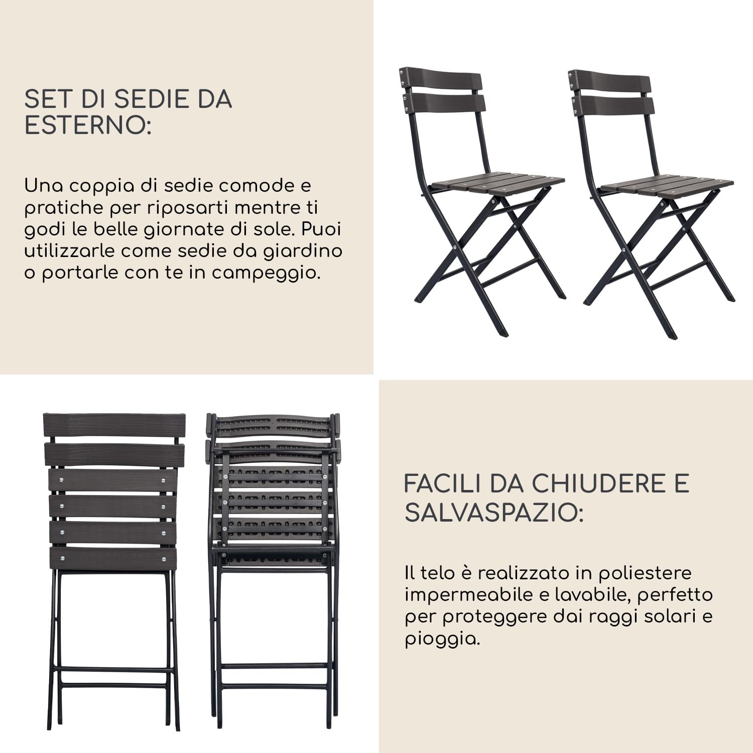 Rebecca Mobili Set 2 Sedie Pieghevoli, Sedie Da Esterno Richiudibili, Plastica Acciaio, Grigio Nero, Giardino Balcone Bar - Misure HxLxP: 78 x 37 x 45 cm - Art. RE6705