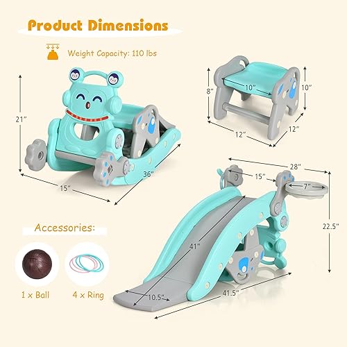 Miniatura 7 de Costzon Juguete oscilante 5 en 1 para niños pequeños, tobogán para niños con taburete desmontable, aro de baloncesto y juego de anillo, tobogán