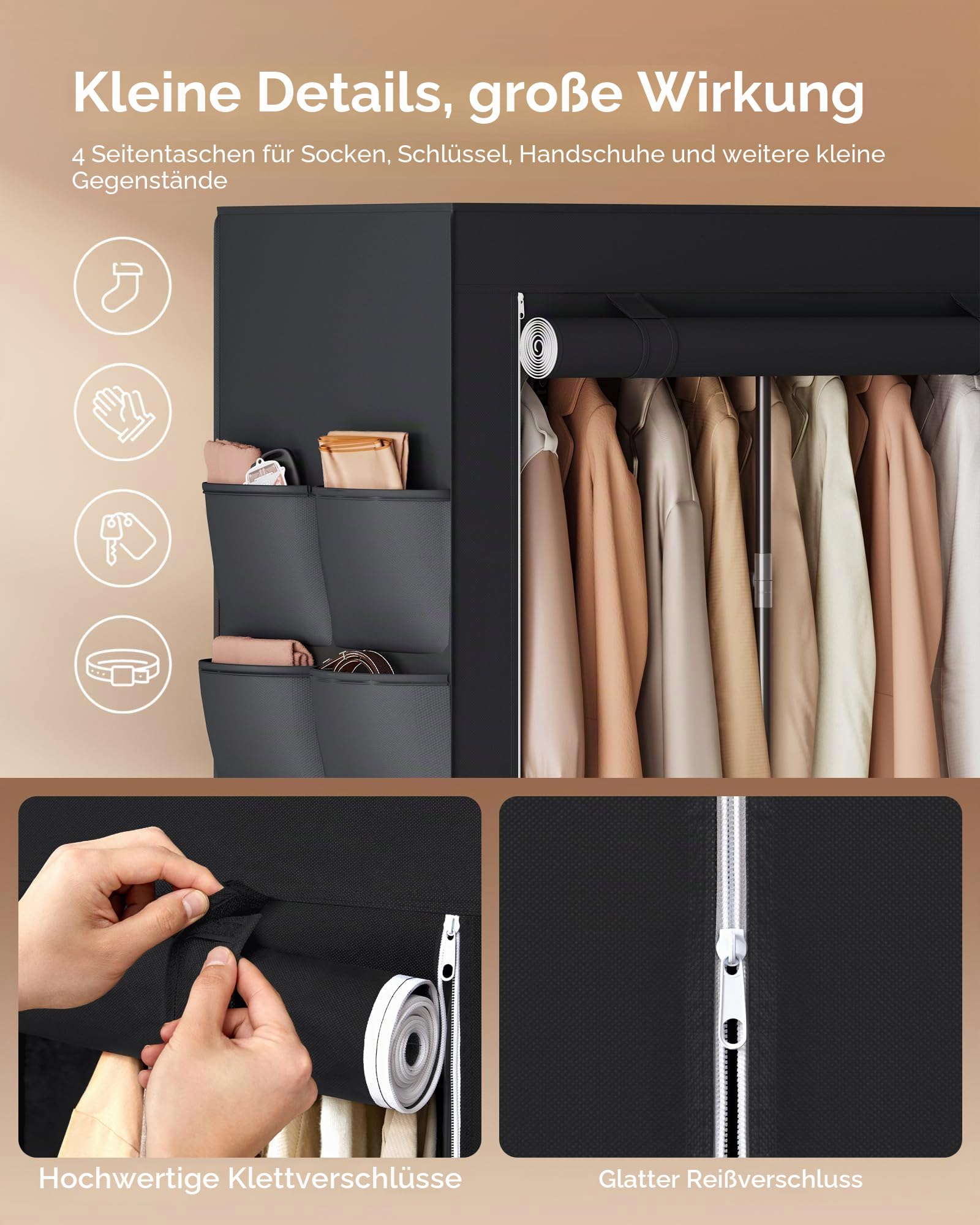 SONGMICS Tragbarer Schrank, Kleiderschrank-Organizer mit Abdeckung, 4 Kleiderstangen und Regalen, 4 Seitentaschen, 45 x 170 x 165 cm, große Kapazität für Schlafzimmer, Wohnzimmer, Schwarz URYG094B02