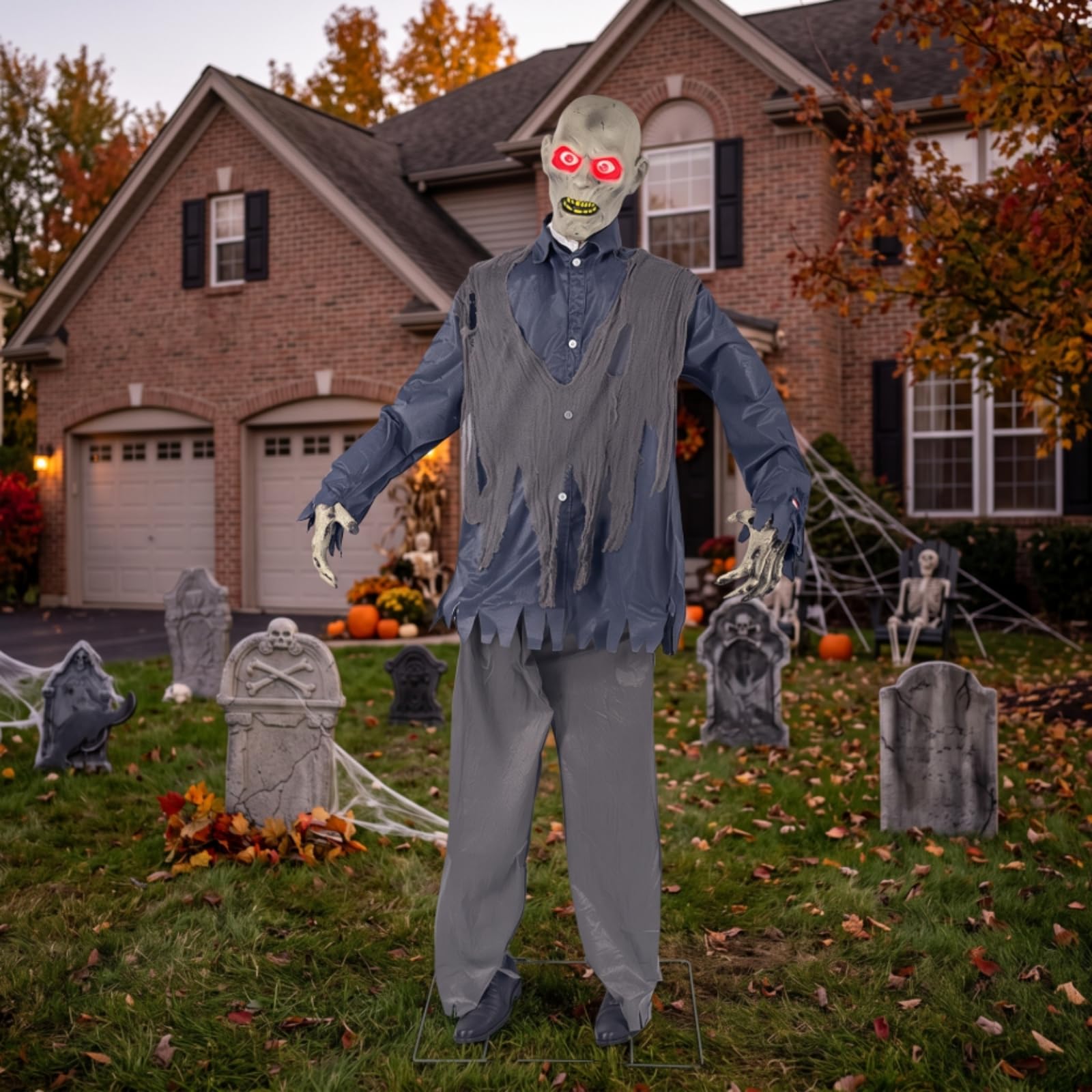 Halloween Figurine Animée Zombie Décoration Animatronique Statue Effrayante Automate Sonore Matériau Plastique Yeux Lumineux et Mouvement Oscillant