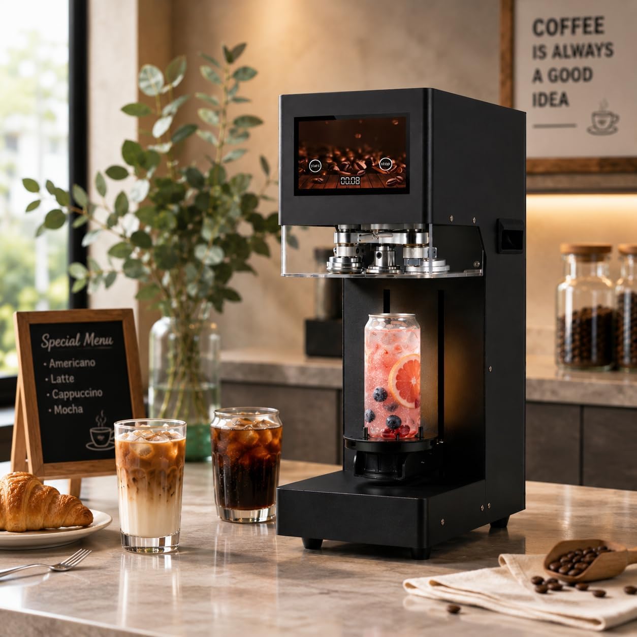 KEhtu Macchina Sigillatrice per Lattine con Schermo Touch | Rilevamento Automatico Dellaltezza | Compatibilità con Lattine da 55 Mm | Non Necessita di Tampone Black