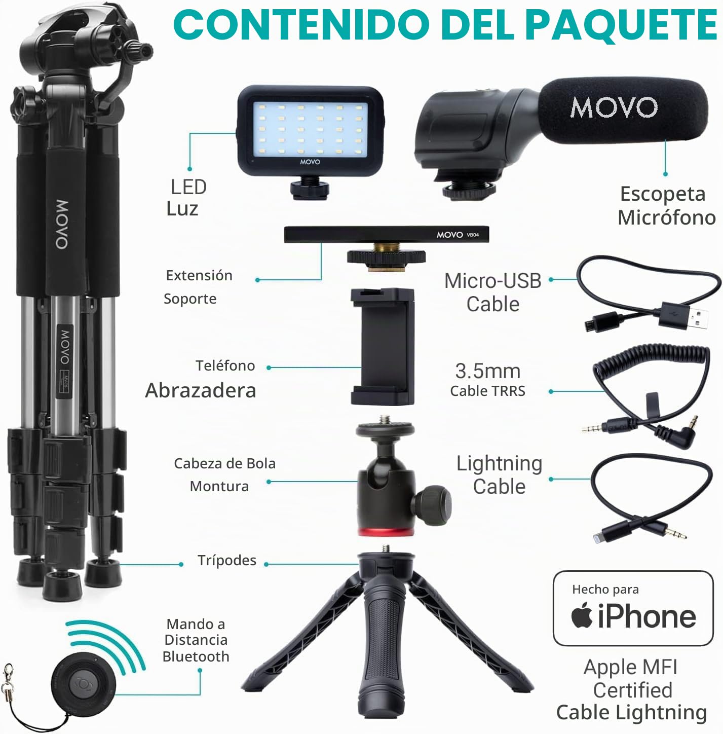 Movo iVlogger - Kit de vlogging Compatible con iPhone/Android con trípode de tamaño Completo - Accesorios del Kit de Video para teléfono: trípodes, Soporte para teléfono, luz LED y micrófono