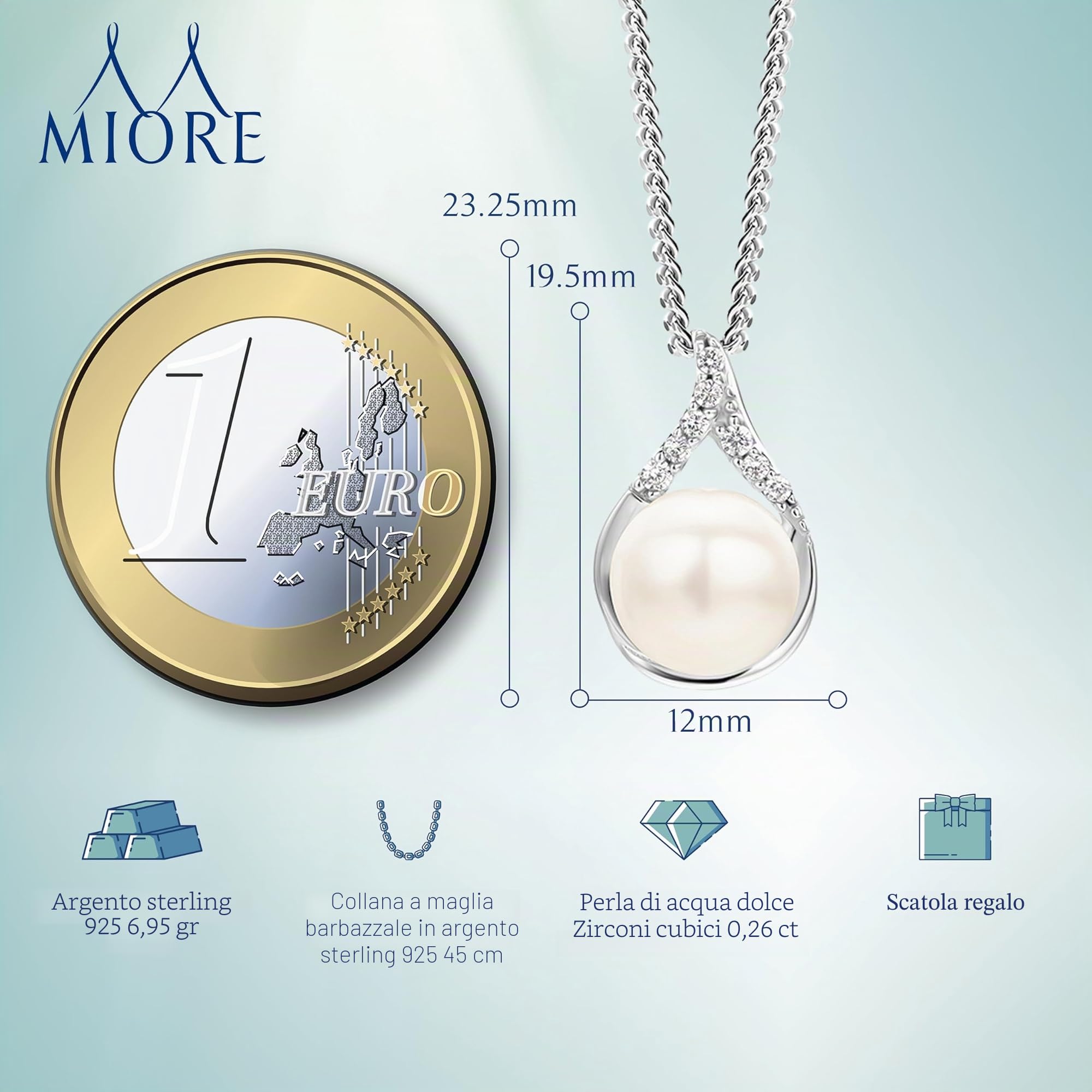 MIORE Collana Donna Argento, Catena con Ciondolo di Perla Coltivata d'Acqua Dolce e Zirconi in Argento 925. Catenina Grumetta Lunga Cm 45. Pendente Donna anallergico.