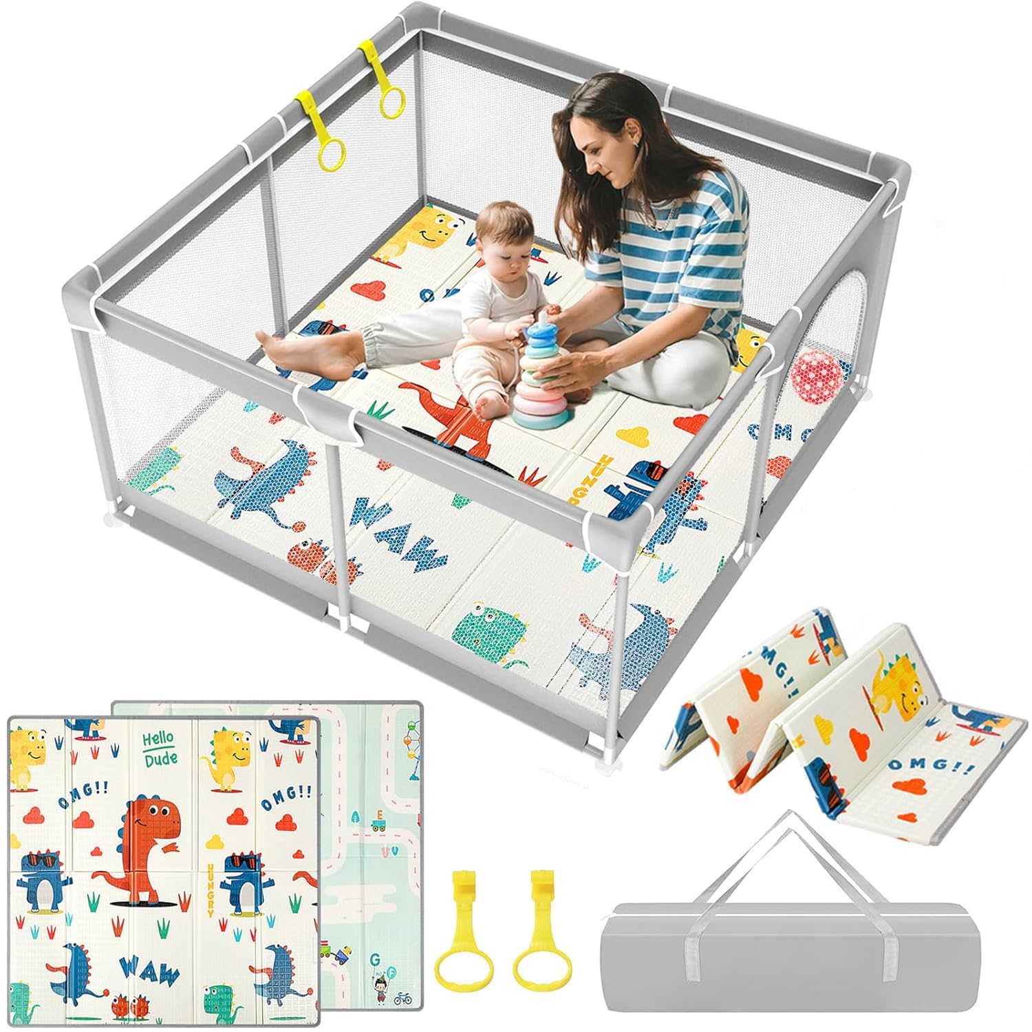 120x120cm Laufstall Baby,Laufgitter Baby Faltbar mit Matratze,Kinder Laufgitter mit Spielmatte 4 Saugnäpfen, Schaum Matte,Atmungsaktivem Mesh Reißverschlusstür