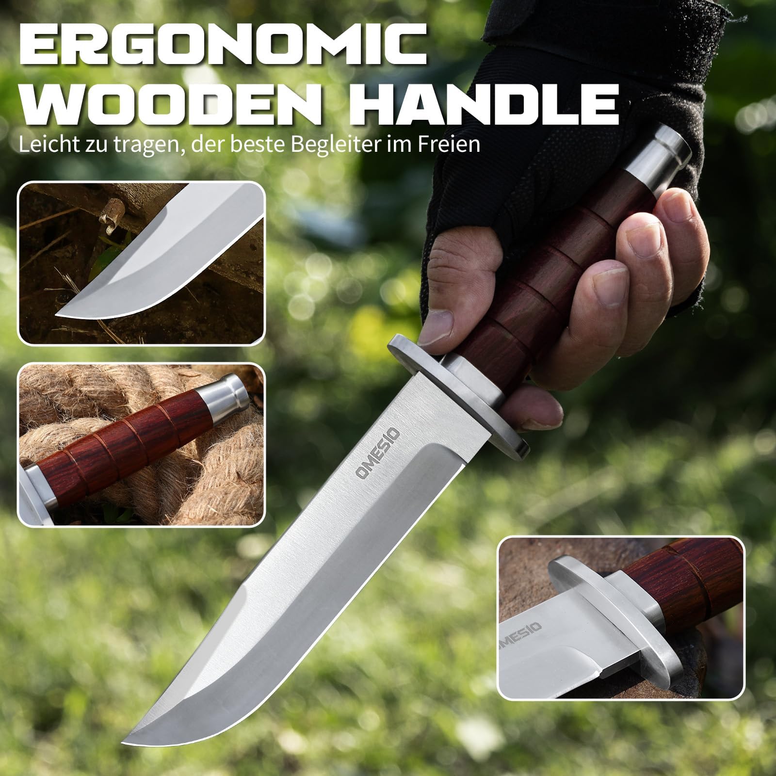 Omesio Cuchillo Outdoor Hoja Fija 5Cr14MoV con Funda de Cuero | Mango de madera maciza con funda de cuero, ideal para camping, senderismo y actividades al aire libre.