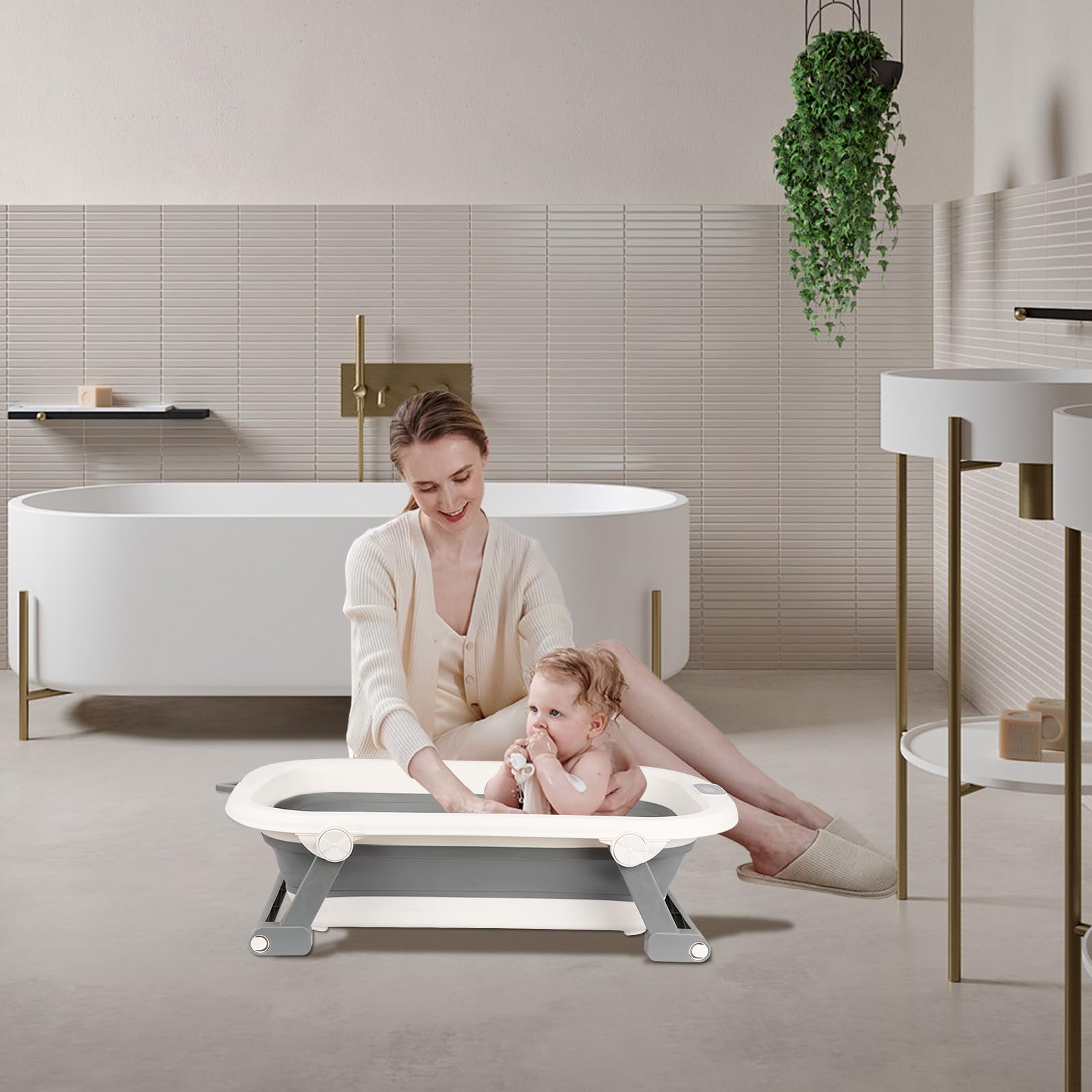Bañera plegable para bebé con cojín antideslizante, termómetro incorporado, diseño portátil para el hogar y los viajes, XXL Benoire para bebé de baño, fácil de limpiar (gris, 80 x 50 x 22 cm)